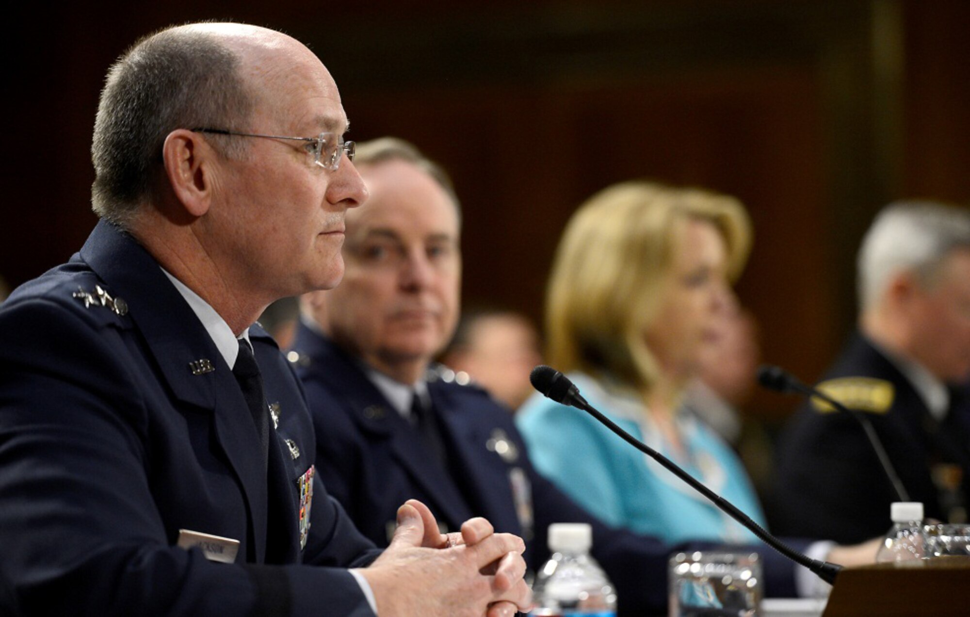 Gen. James "JJ" Jackson, Chief, Air Force Reserve testifies on the Air Force posture for fiscal year 2015 before the Senate Appropriations Committee on Defense, in Washington, D.C., April 2, 2014.  Also testifying were, Secretary of the Air Force Deborah Lee James; Air Force Chief of Staff Gen. Mark A. Welsh III; Gen. Frank J. Grass, Chief of the National Guard Bureau; and Lt. Gen. Stanley E. Clarke III, Director, Air National Guard.  (U.S. Air Force photo/Scott M. Ash)