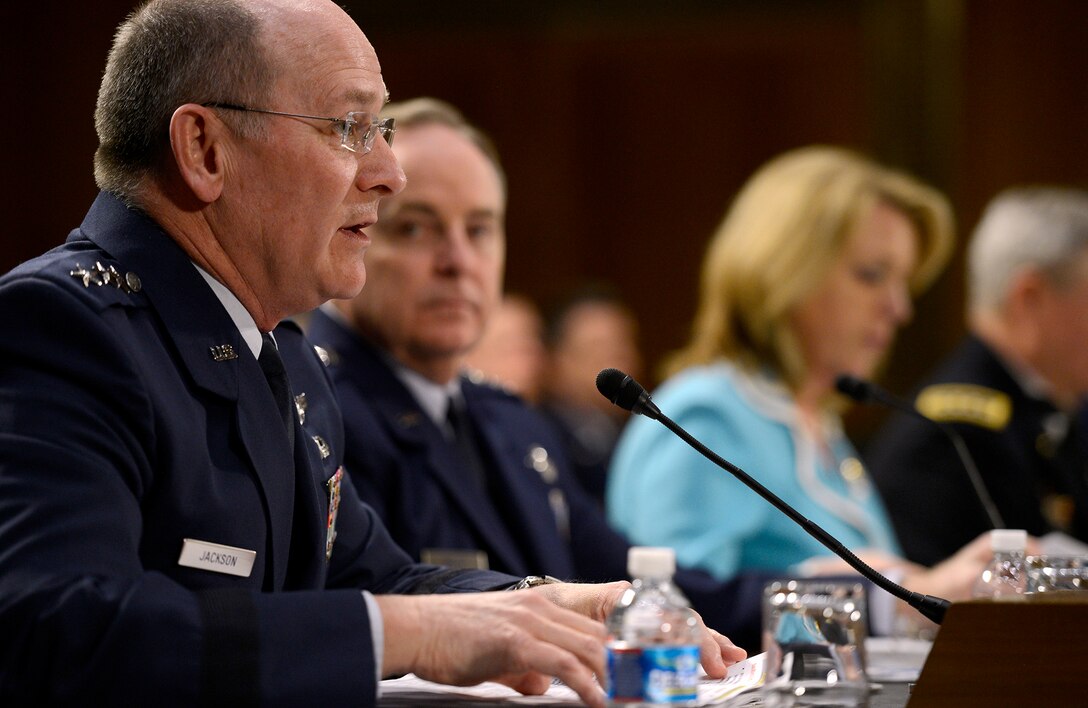 Gen. James "JJ" Jackson testifies on the Air Force posture for fiscal year 2015 before the Senate Appropriations Committee on Defense, April 2, 2014, in Washington, D.C. Also testifying were Secretary of the Air Force Deborah Lee James; Air Force Chief of Staff Gen. Mark A. Welsh III; Gen. Frank J. Grass, the National Guard bureau chief; and Lt. Gen. Stanley E. Clarke III, the Air National Guard director. Jackson is the Air Force Reserve chief (U.S. Air Force photo/Scott M. Ash)