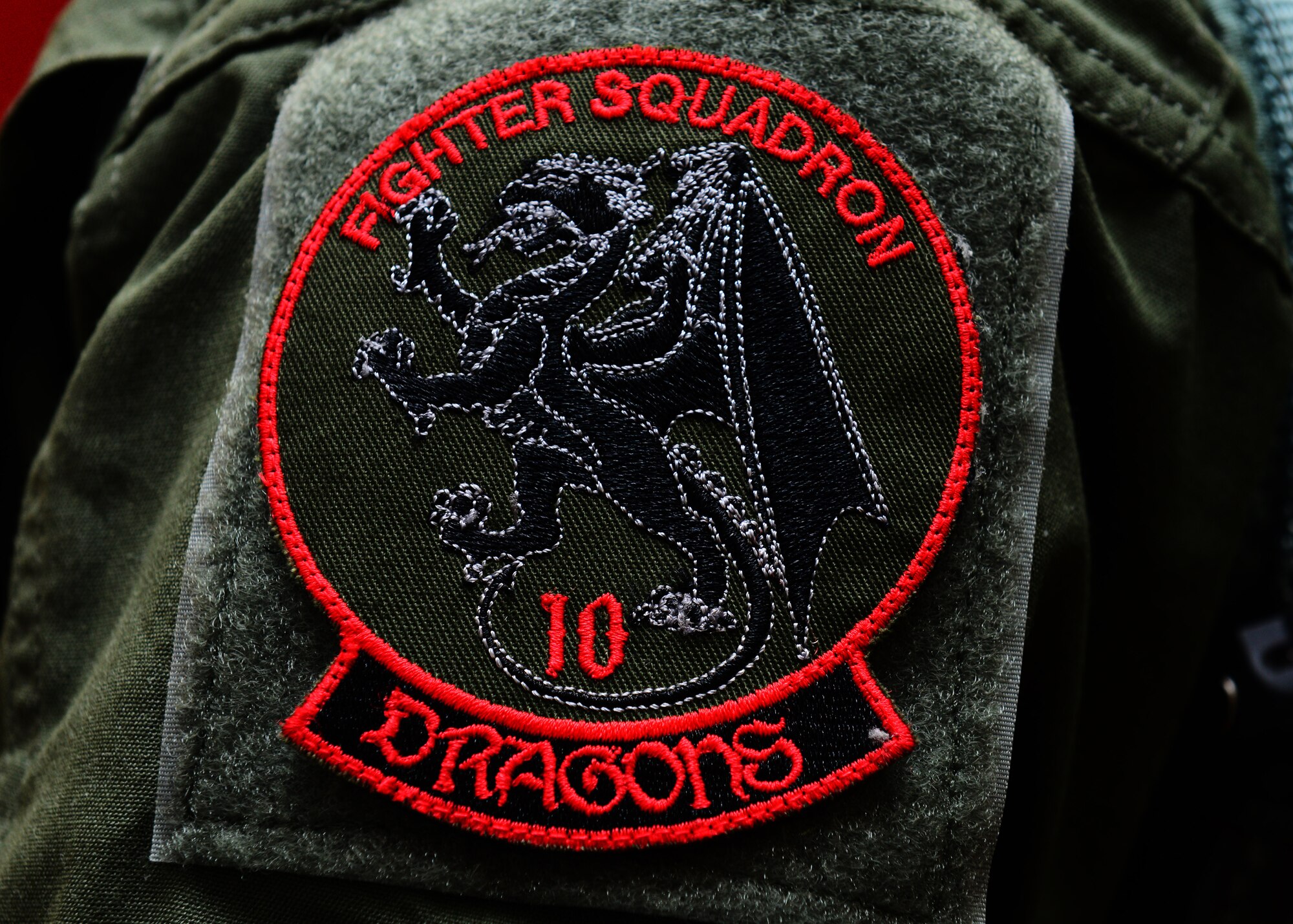 A pilot displays his Polish 10th Fighter Squadron patch on his flight suit before flying to meet U.S. counterparts in the skies above Lask Air Base, Poland, April 2, 2014. The Polish air force implemented the use of F-16 Fighting Falcon fighting aircraft to their inventory within the last ten years and is currently hosting twelve U.S. F-16s assigned to Aviano Air Base, Italy to increase bilateral defense ties. (U.S. Air Force photo/Airman 1st Class Ryan Conroy/Released)