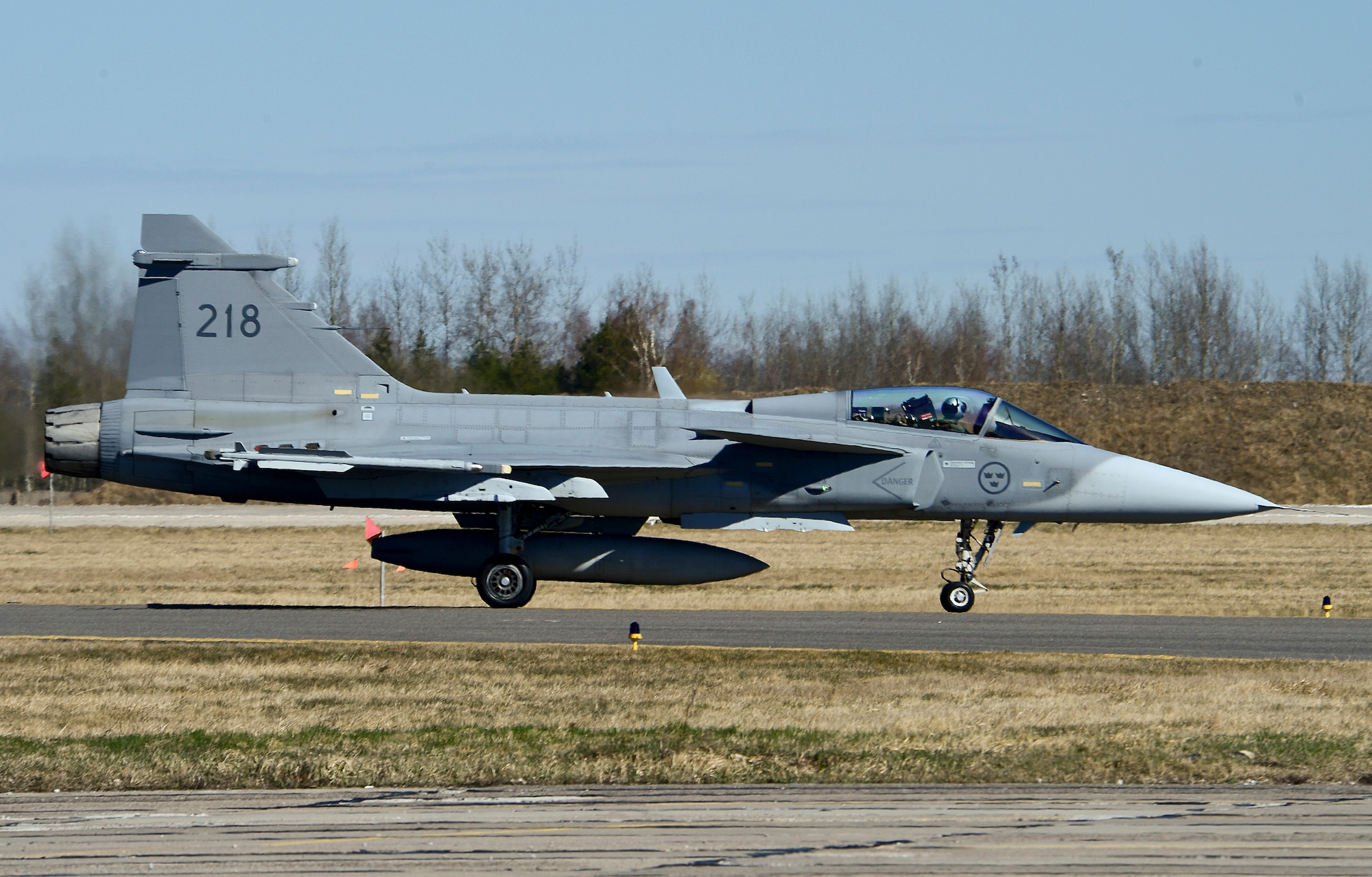 A Swedish air force JAS-39 Gripen fighter taxis to the runway during the 17th Baltic Region Training Event at Šiauliai Air Base, Lithuania, April 1, 2014. The event took place in the skies over the Baltic region to sharpen the skills of aircrews and air controllers from the U.S., Lithuanian and Swedish air forces. The event is designed to enhance the interoperability between allied partners in NATO and its Partnership for Peace program. (U.S. Air Force photo by Airman 1st Class Dana J. Butler/Released)