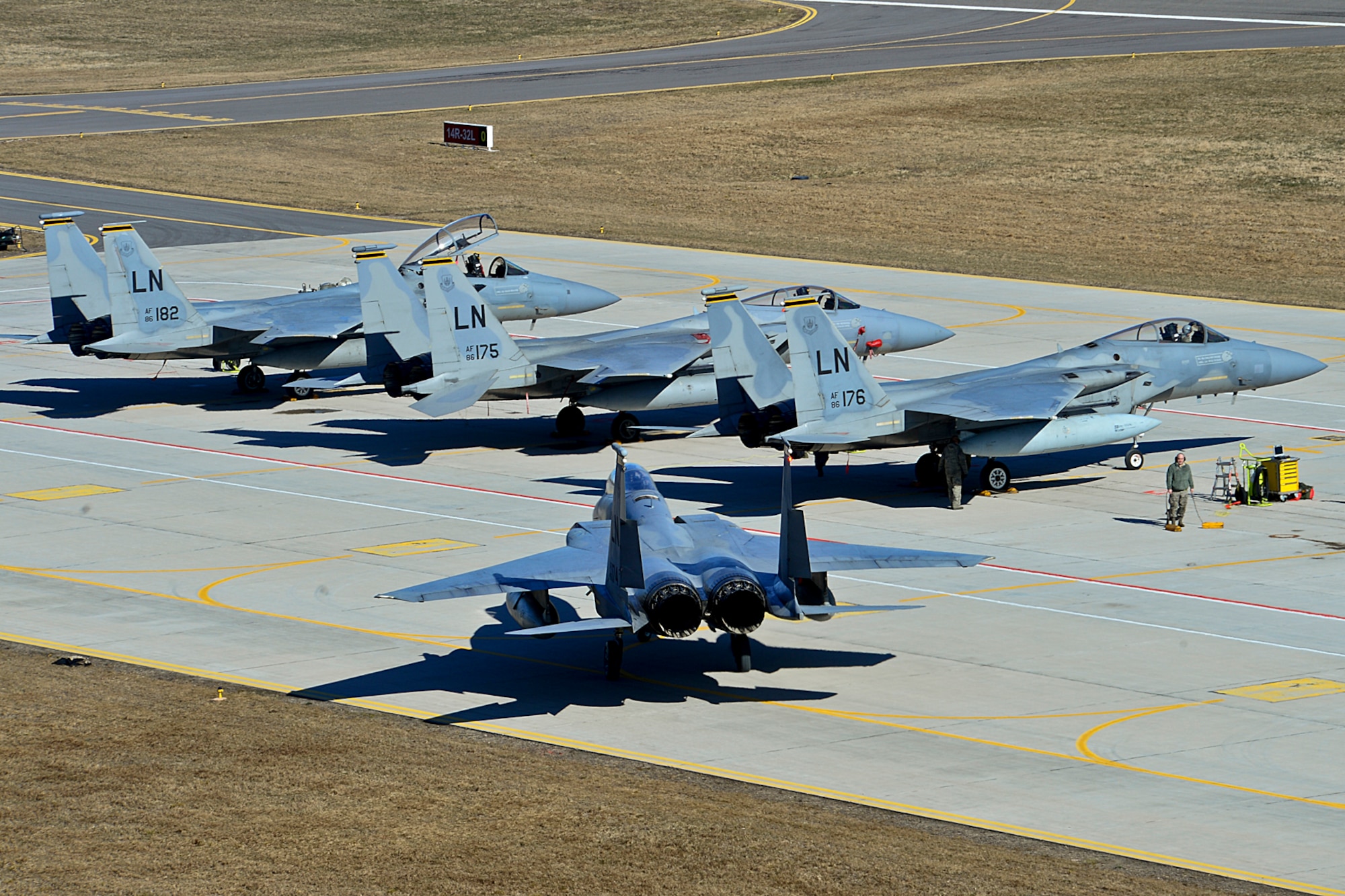 An F-15C Eagle taxis to the fighter ramp during the 17th Baltic Region Training Event at Šiauliai Air Base, Lithuania, April 1, 2014. The event took place in the skies over the Baltic region to sharpen the skills of aircrews and air controllers from the U.S., Lithuanian and Swedish air forces. The event is designed to enhance the interoperability between allied partners in NATO and its Partnership for Peace program. (U.S. Air Force photo by Airman 1st Class Dana J. Butler/Released)