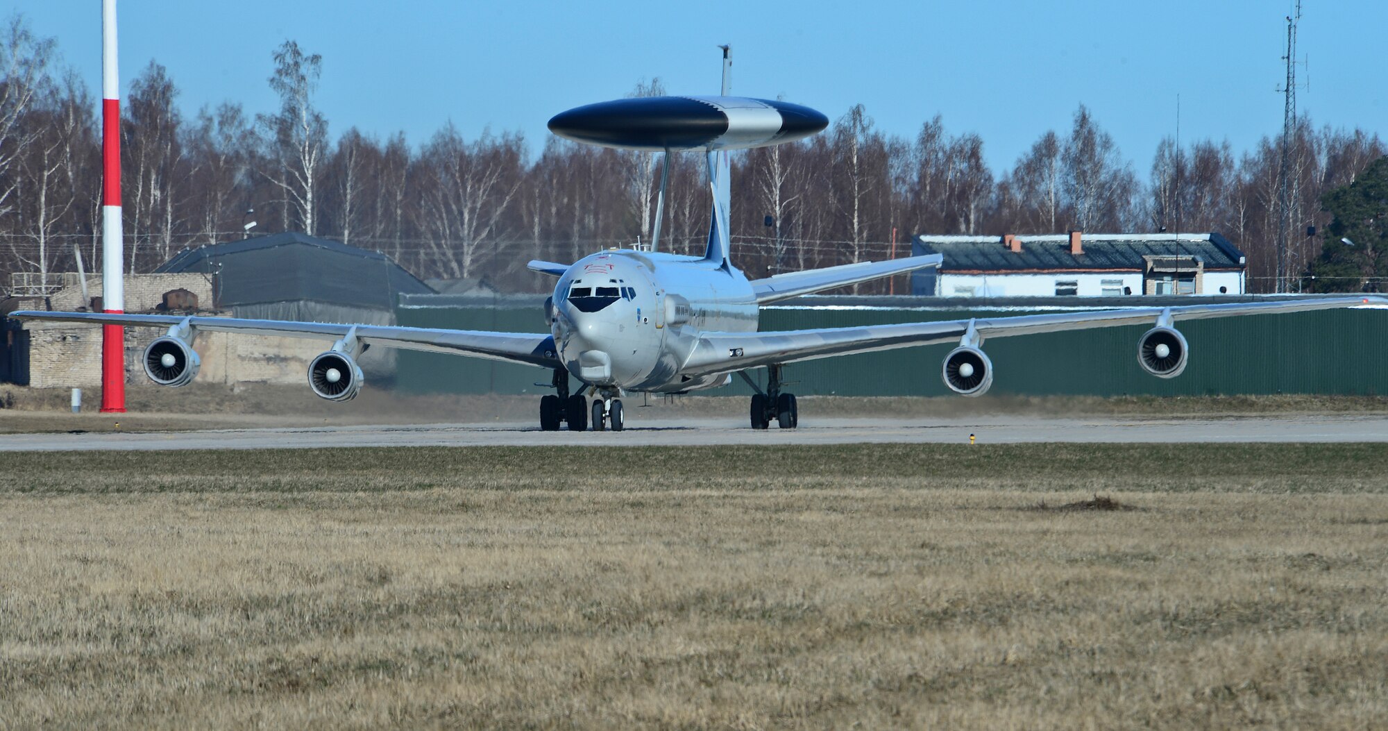 A NATO E-3 Sentry airborne warning and control system, or AWACS, taxis to the ramp during the 17th Baltic Region Training Event at Šiauliai Air Base, Lithuania, April 1, 2014. The event took place in the skies over the Baltic region to sharpen skills of aircrews and air controllers from the U.S., Lithuanian and Swedish air forces. The event is designed to enhance the interoperability between allied partners in NATO and its Partnership for Peace program. (U.S. Air Force photo by Airman 1st Class Dana J. Butler/Released)