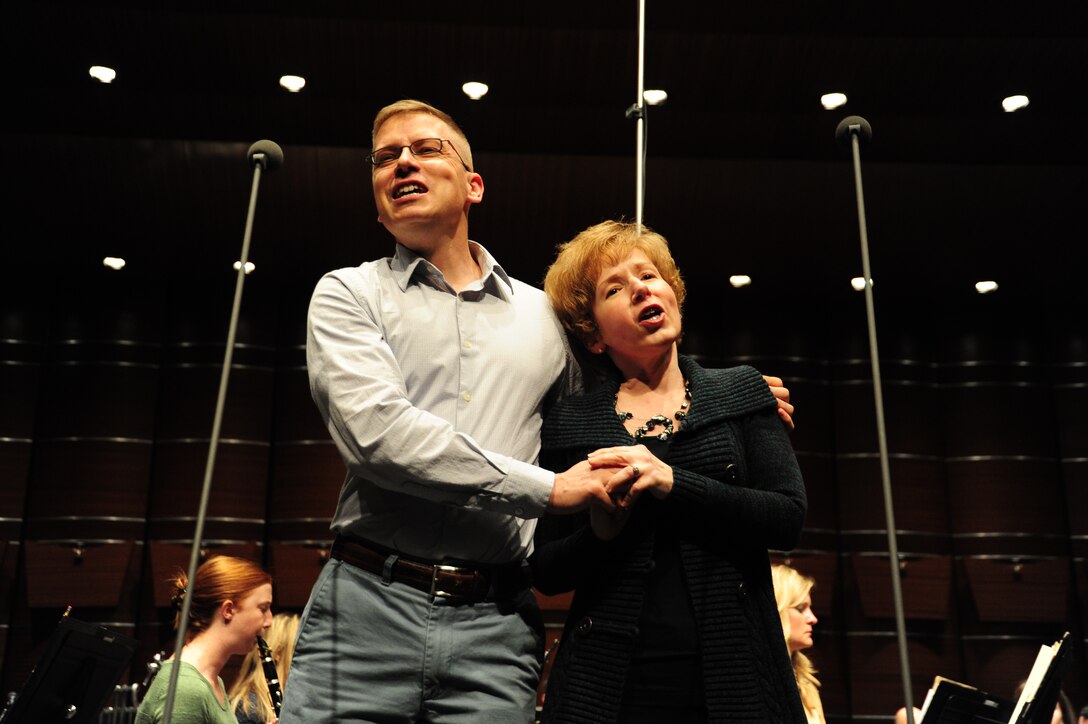 Senior Master Sergeants Linda Waring and Ryan Dolan rehearse for the first concert of the U.S. Air Force Band’s 2014 Spring Tour at the College of DuPage in Glen Ellyn, Ill, April 4, 2014. Waring is an alto vocalist and Dolan is a bass/baritone vocalist. (U.S. Air Force photo/Airman 1st Class Joshua R. M. Dewberry)