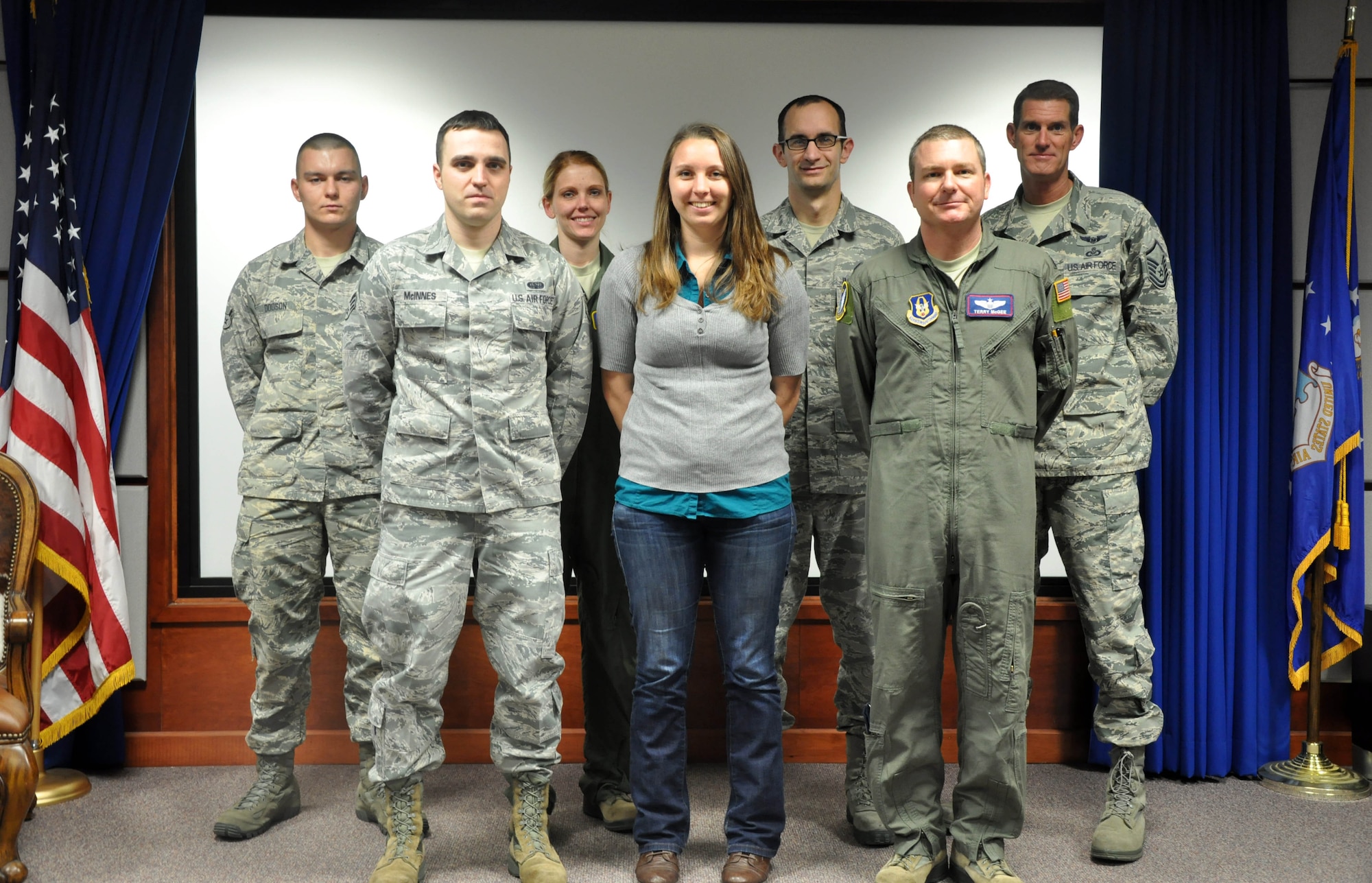 The 931st Air Refueling Group welcomed the following newcomers during the April unit training assembly, April 5, 2014.  First row, left to right: Senior Airman Brian McInness, Staff Sgt. Jacqueline Houlton and Lt. Col. Terry McGee.  Back row, left to right: Airman 1st Class Christopher Dodson, Capt. Monica Riggs, Staff Sgt. Justin Gassner and Master Sgt. David Van Nostrand.