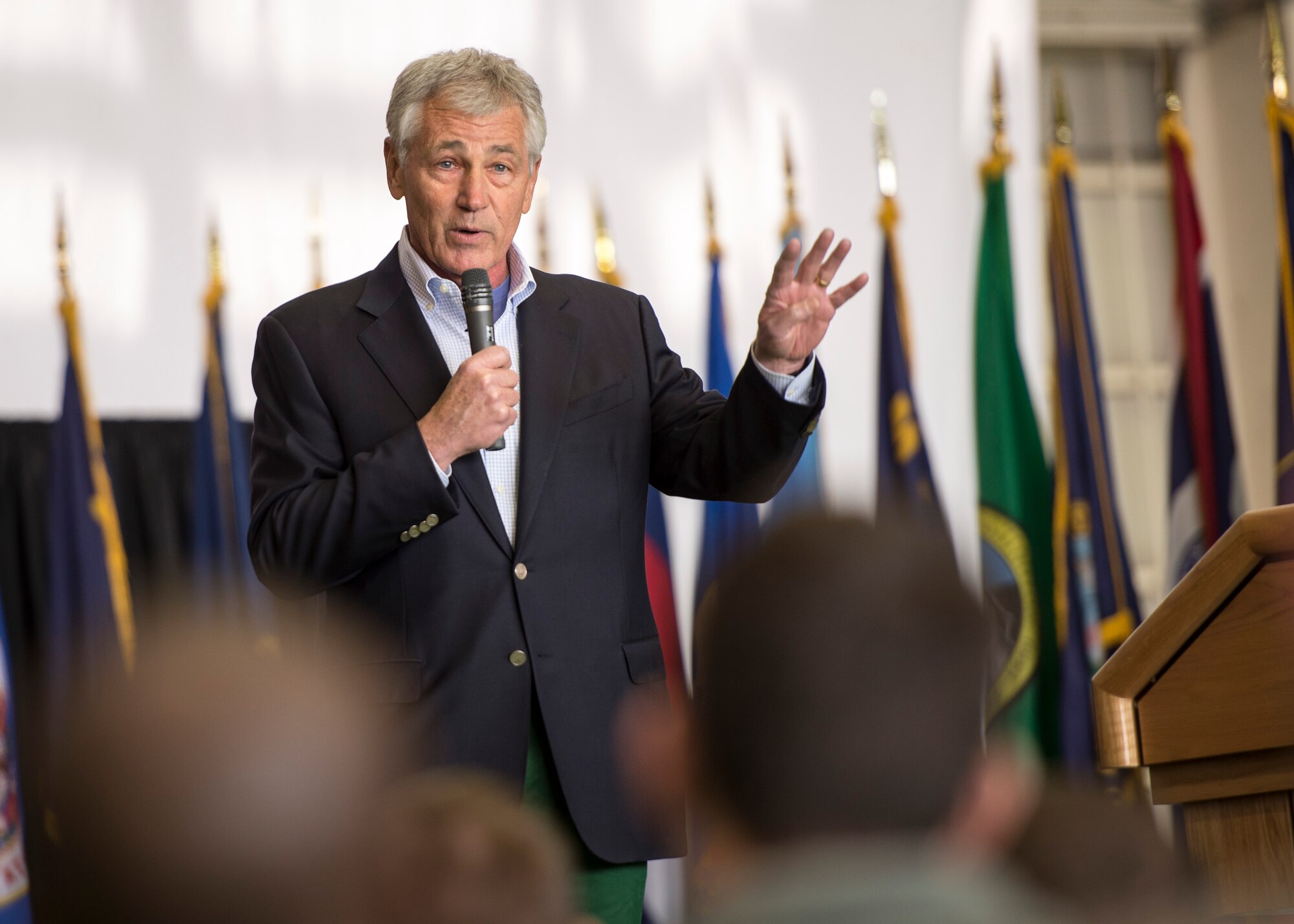 U.S. Secretary of Defense Chuck Hagel addresses a bilateral audience of U.S. and Japanese service members at Yokota Air Base, Japan, April 5, 2014, Hagel visited Yokota during his fourth visit to the Asia-Pacific region, which includes stops in Hawaii, Japan, China and Mongolia. (U.S. Air Force photo by Capt. Raymond Geoffroy)