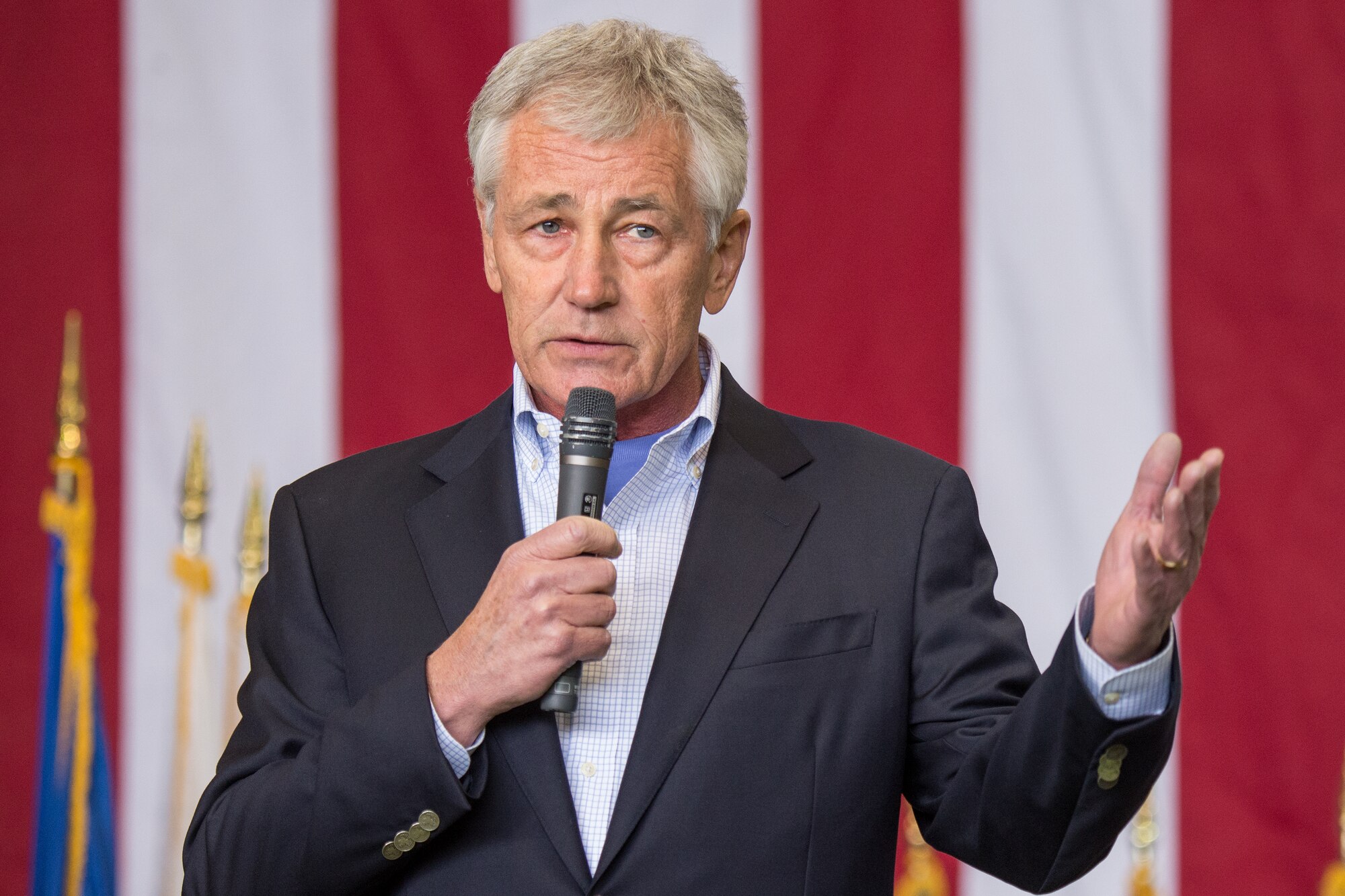 U.S. Secretary of Defense Chuck Hagel addresses a bilateral audience of U.S. and Japanese service members at Yokota Air Base, Japan, April 5, 2014.  Hagel visited Yokota during his fourth official visit to the Asia-Pacific region, which includes stops in Hawaii, Japan, China and Mongolia. (U.S. Air Force photo by Osakabe Yasuo/Released)