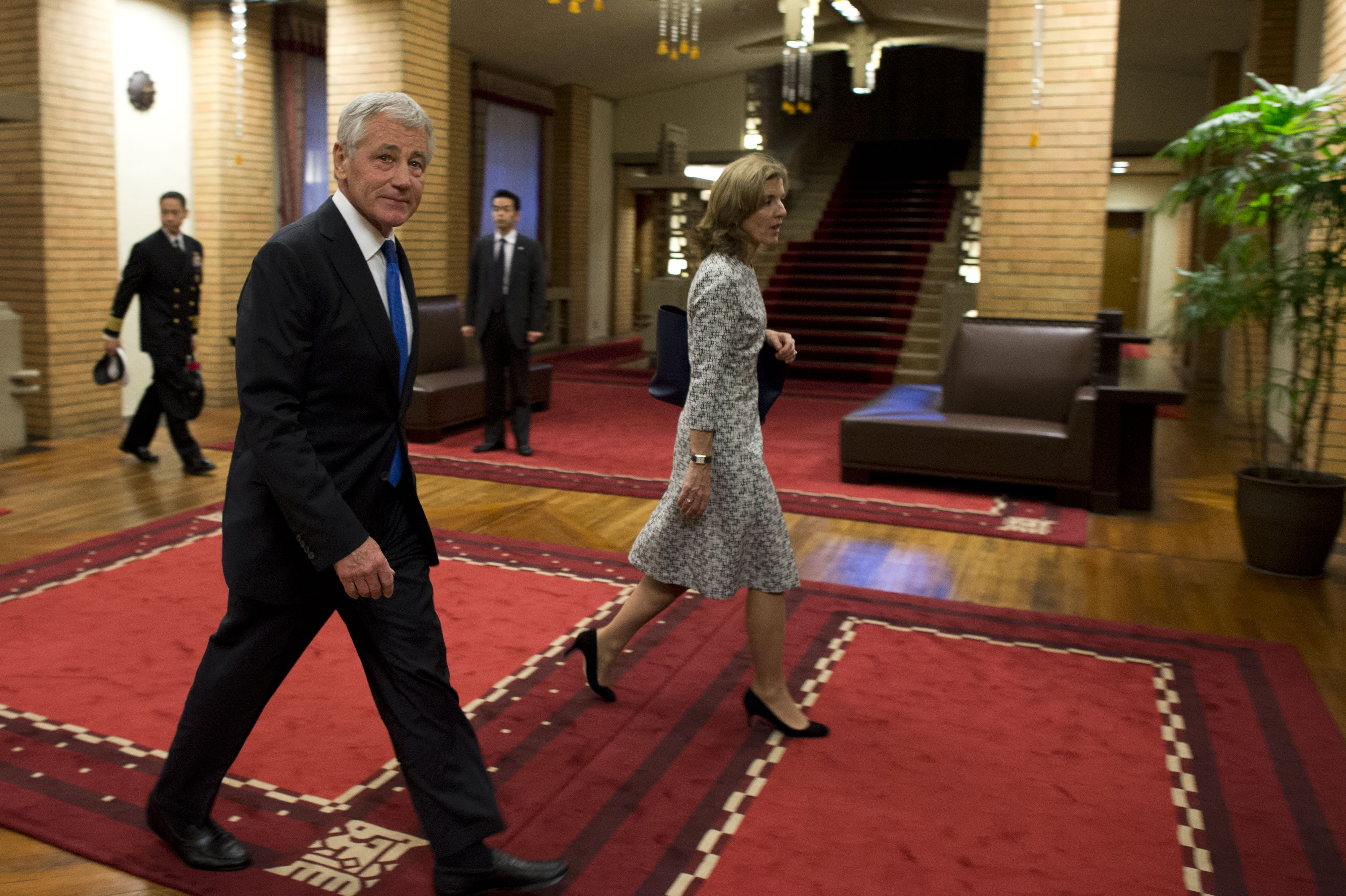 U S Defense Secretary Chuck Hagel And U S Ambassador To Japan Caroline Kennedy Walk Together After Meeting
