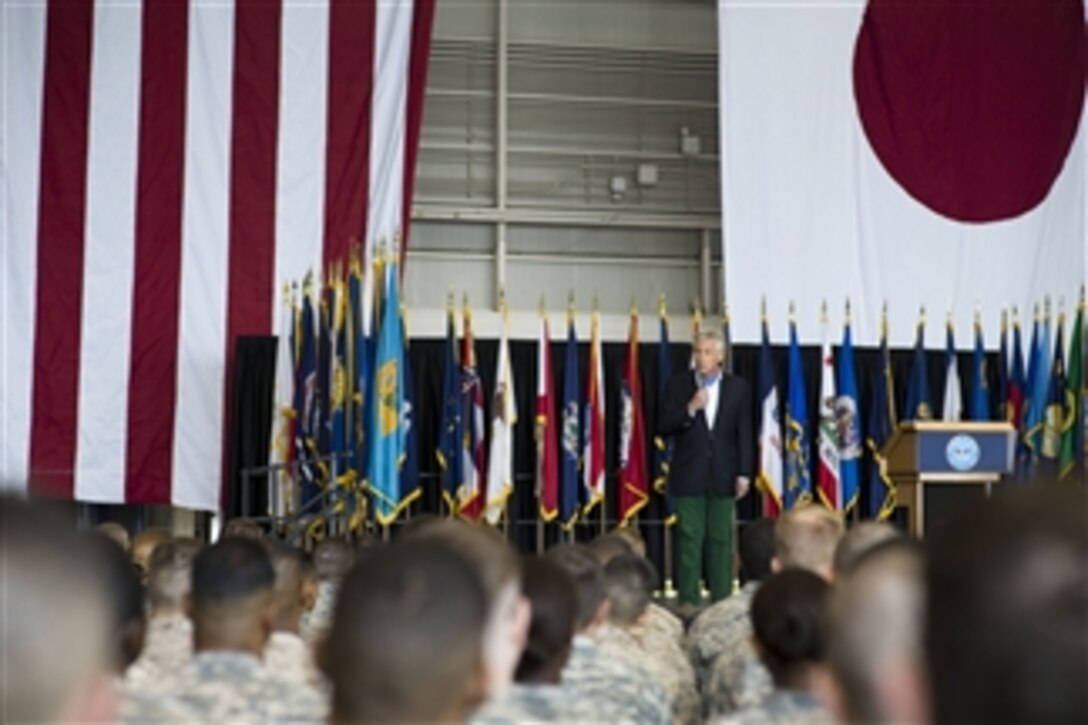 U.S. Defense Secretary Chuck Hagel speaks with U.S. and Japanese troops on Yokota Air Force Base, Japan, April 5, 2014. Hagel thanked the troops for their service and dedication, and answered questions.