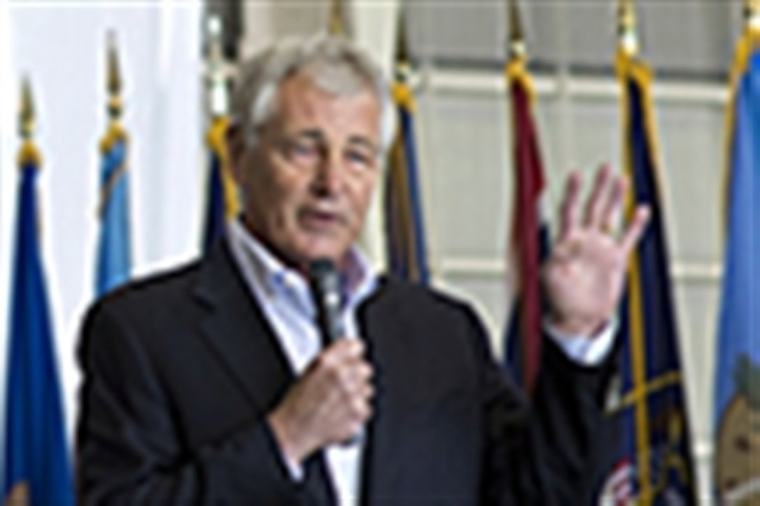 U.S. Defense Secretary Chuck Hagel speaks with U.S. and Japanese troops on Yokota Air Force Base, Japan, April 5, 2014. Hagel thanked the troops for their service and dedication, and answered questions.