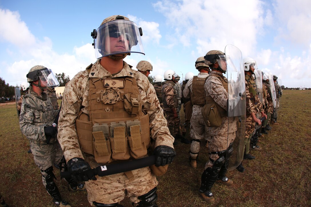 Moroccan soldiers and U.S. Marines with 2nd Law Enforcement Battalion, 2nd Marine Expeditionary Brigade, II Marine Expeditionary Force,  form a unified shield line in response to simulated protesters during a capabilities demonstration for distinguished visitors durin African Lion 2014 in the Tifnit training ara of Morocco Apr 4, 2014.Exercise African Lion 14 is a multi-lateral and combined-joint exercise between the Kingdom of Morocco, the U.S. and other partner nations designed to strengthen relationships with participating countries by increasing understanding of each nation's military capabilities.  The military-to-military portion of the exercise includes: command-post exercises with humanitarian aid and disaster relief themes; stability operations, such as nonlethal weapons training and respond-to-crisis drills; and an intelligence capability-building workshop.