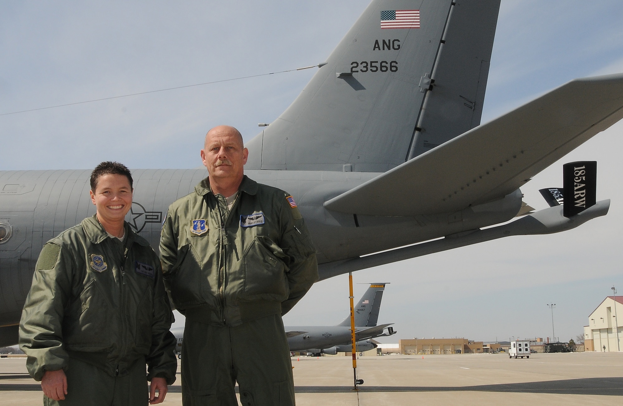 Tech. Sgt. Misty M. McNamara and Senior Master Sgt. Jay A. Doran, boom operators with the Air National Guard’s 185th Air Refueling Wing, developed ideas that have helped not only their unit  conserve fuel but also the Air Force. (U.S. Air National Guard photo by 1st Lt. Jeremy J. McClure/Released)