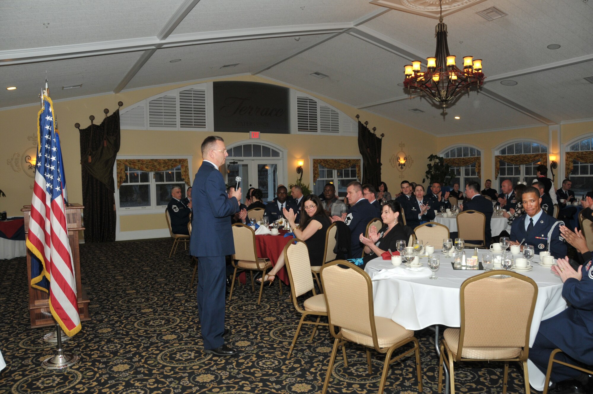 SCOTIA, N.Y. -- Brig. Gen. Anthony German, New York Chief of Staff-Air, was the guest speaker at the 109th Airlift Wing's annual Airmen of the Year Dinner on April 4. About 75 attendees were there to honor Senior Master Sgt. Patrick FitzGerald, Senior NCO of the Year, Master Sgt. Amanda Blodgett, First Sergeant of the Year, Tech. Sgt. Robert Harrington, NCO of the Year, and Senior Airman Kylief Tucker, Airman of the Year. (Air National Guard photo by Master Sgt. William Gizara/Released)