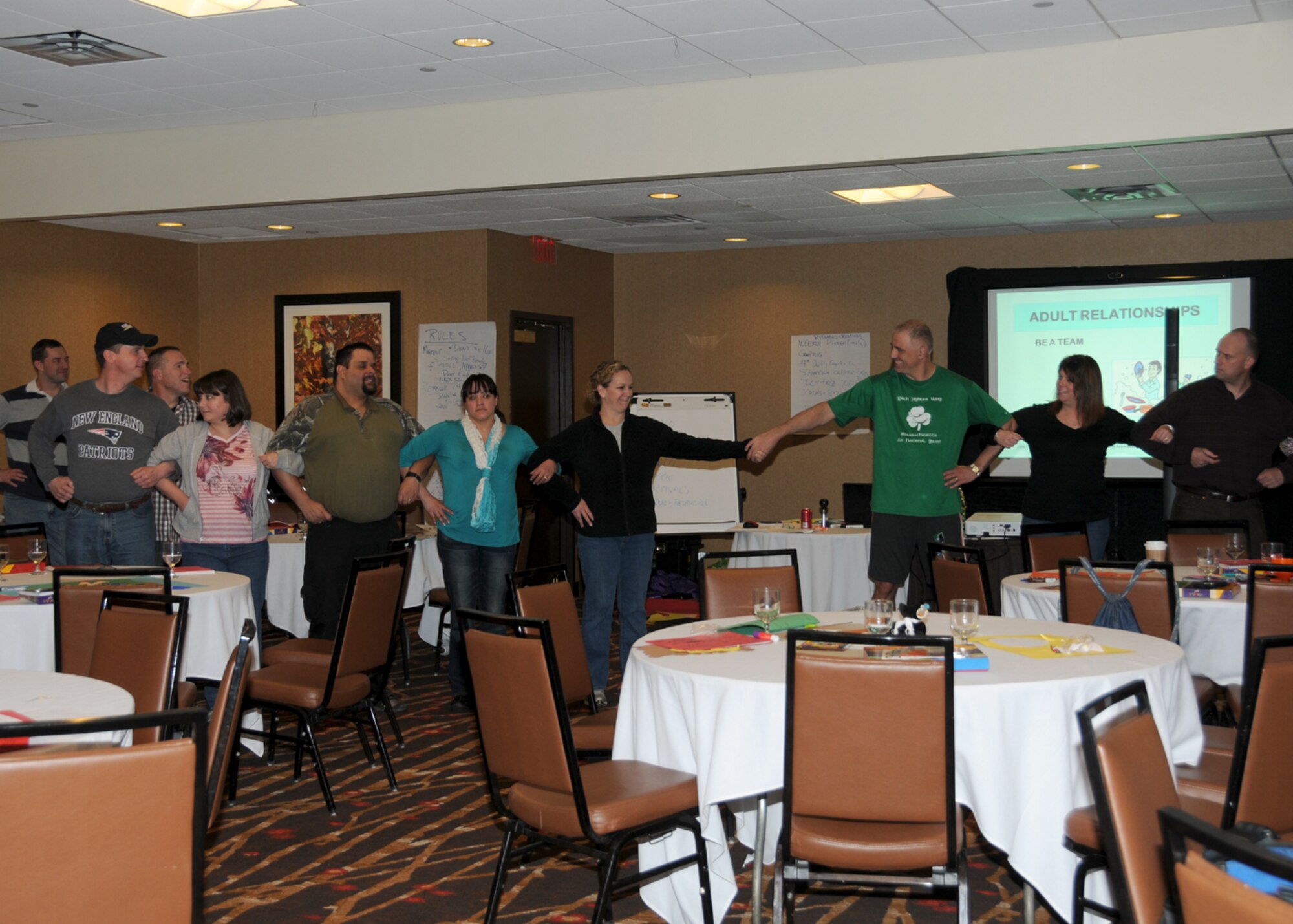 On March 28, 2014, members of the Chaplains office at the 104th Fighter Wing, Barnes Air National Guard base, Westfield Mass., held a Strong Bonds family workshop for two nights and three days at the Sheraton hotel in Springfield, Mass. Eleven families attended with children ages six through 14. Topics for the weekend were parents and children in healthy families, adult relationships in healthy families, and passing on values in healthy families. The schedule was completely interactive, from activities that were all about the kids, to being all about the parents. Families were asked to do numerous projects to help build skills that support the healthy family. Families were also asked to mix together into other families to get new ideas from each other. 