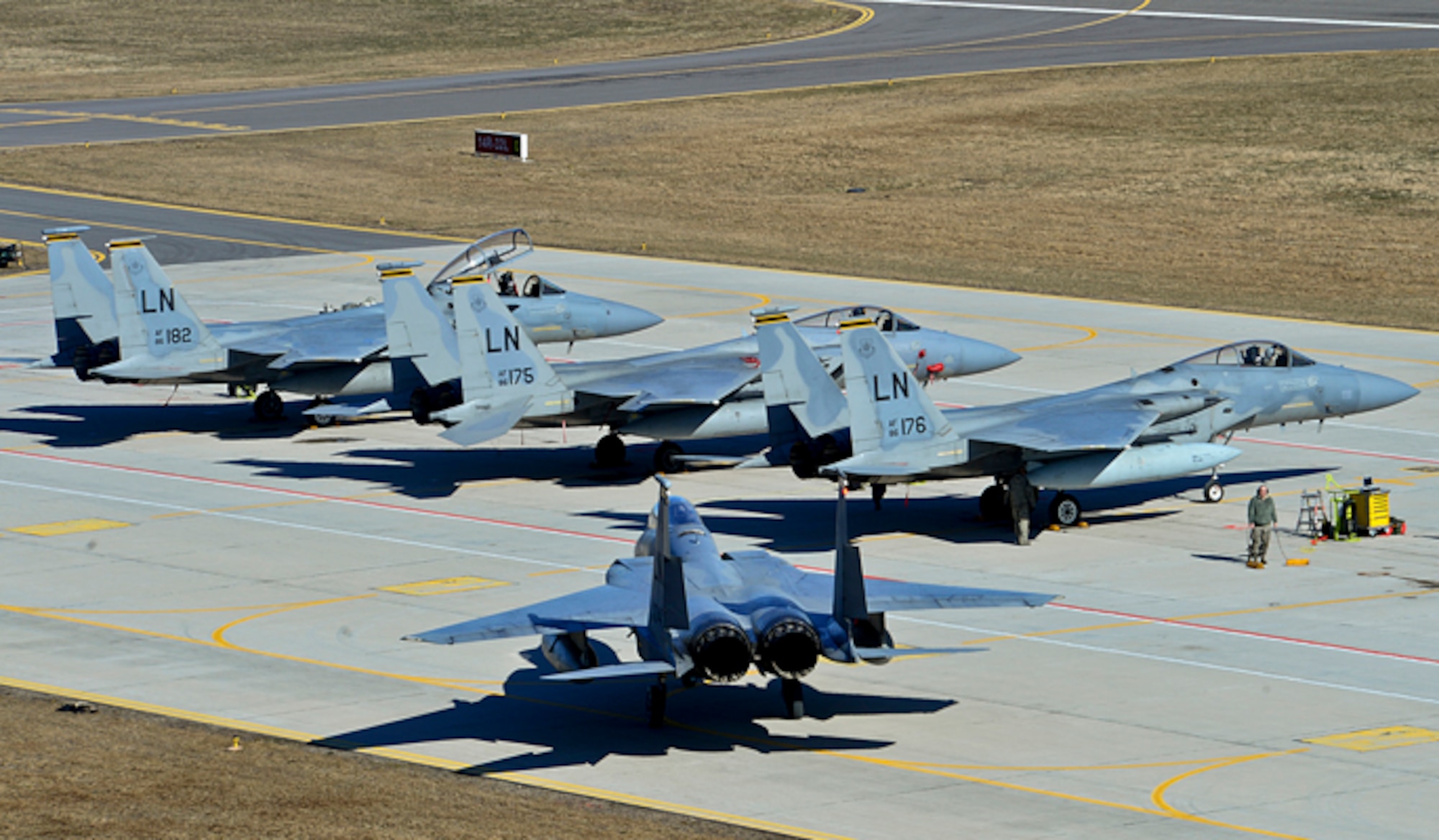 An F-15C Eagle taxis to the fighter ramp during the 17th Baltic Region Training Event April 1, 2014, at Šiauliai Air Base, Lithuania. The aerial training event took place over the Baltic region to sharpen the skills of aircrews and air controllers from the U.S., Lithuanian and Swedish air forces. The event is designed to enhance the interoperability between allied partners in NATO and its Partnership for Peace program. (U.S. Air Force photo/Airman 1st Class Dana J. Butler)