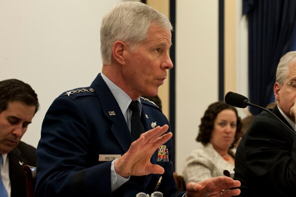 Gen. William Shelton testifies in front of the House Armed Services Committee subcommittee on strategic forces April 3, 2014 in Washington, D.C. Shelton spoke on space and cyberspace capabilities. He is the Air Force Space Command commander, Peterson Air Force Base, Colo. (U.S. Air Force photo/Staff Sgt. Carlin Leslie)