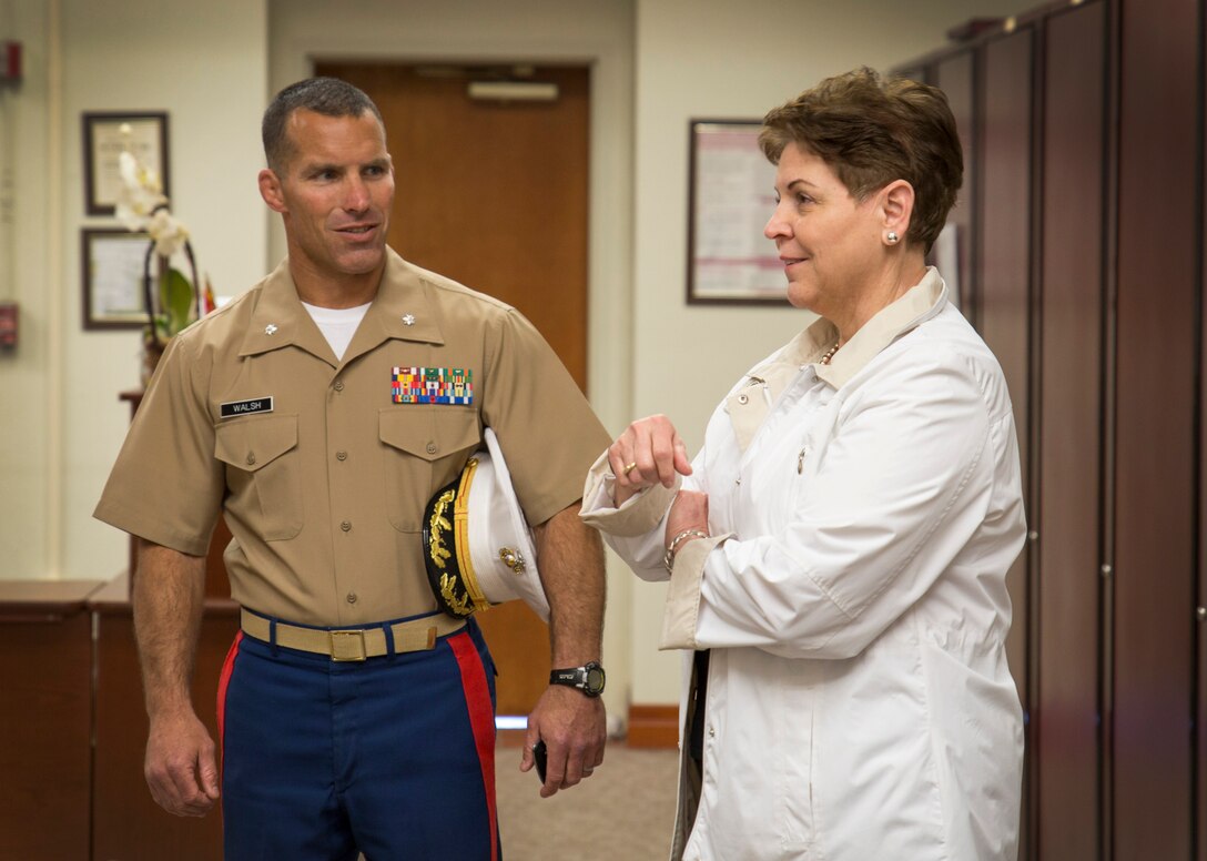 The Honorable Jessica L. Wright, Under Secretary of Defense for Personnel and Readiness, visits the 12th Marine Corps District aboard Marine Corps Recruit Depot San Diego, April 3,2014. Wright visited to get familiarized with the recruiting aspect of the Marine Corps. (U.S. Marine Corps photo by Cpl. Catie Massey/Released) 
