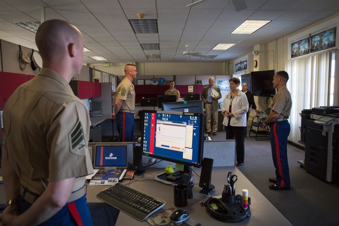 The Honorable Jessica L. Wright, Under Secretary of Defense for Personnel and Readiness, visits the 12th Marine Corps District aboard Marine Corps Recruit Depot San Diego, April 3,2014. Wright visited to get familiarized with the recruiting aspect of the Marine Corps. (U.S. Marine Corps photo by Cpl. Catie Massey/Released) 