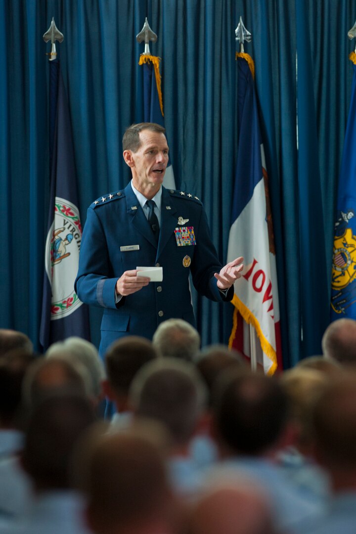 Lt. Gen. Stanley E. Clarke III, the director of the Air National Guard, addresses attendees during a Focus on the Force All Call event at the ANG Readiness Center, Joint Base Andrews Md., Aug. 15, 2013. Clarke just announced the selection of the Air National Guard's 2014 Outstanding Airmen of the Year.
