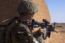 A U.S. Marine with Georgia Liaison Team 10, Regional Command (Southwest), peers around the corner of a desert compound during a patrol near Combat Outpost Eredvi, Helmand province, Afghanistan, Nov. 7, 2013. Marines joined forces with Georgian soldiers from the Batumi Light Infantry Battalion to conduct a patrol into an area known to have Taliban activity.(Photo By: Cpl. Paul Peterson)
 