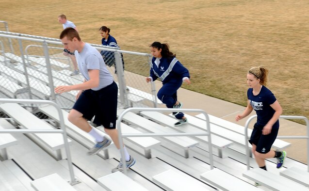 Prep School cadet candidates take to the stairs during a supplemental fitness program session at the Academy Prep School parade field April 2. The new program was set in motion earlier this year to assist them with improving their physical fitness test scores. (U.S. Air Force Photo/Tech. Sgt. Heather Stanton)