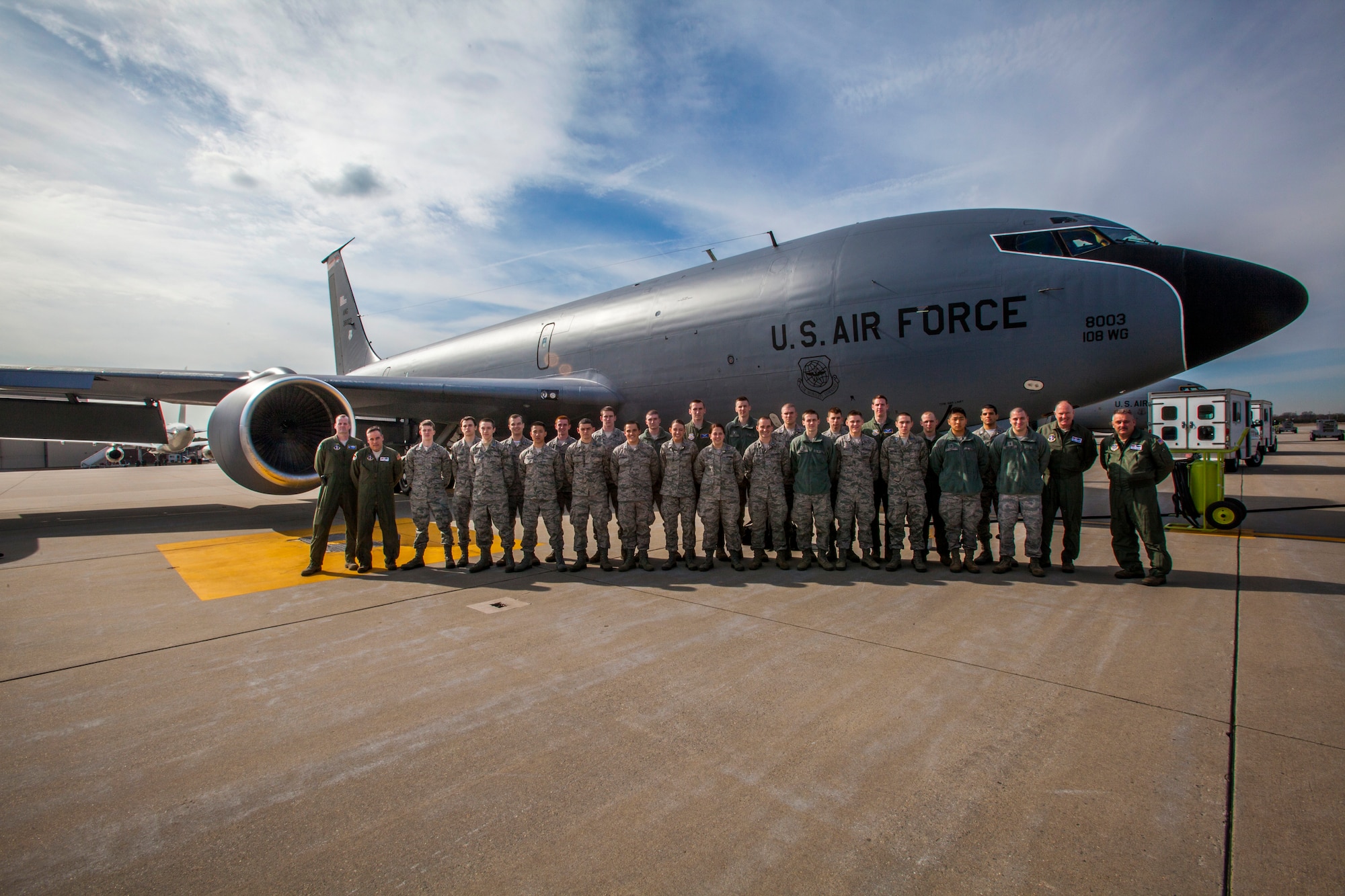 Cadets from Detachment 750, Air Force ROTC, St. Joseph's University, and pilots and boom operators with the 108th Wing, New Jersey Air National Guard, pose for a group photo in front of a KC-135 Stratotanker at Joint Base McGuire Dix-Lakehurst, N.J., after a refueling mission April 2, 2014. The orientation flight gave the 25 Air Force ROTC cadets an opportunity to observe the pilots and aircrew perform their jobs in a real world environment. (U.S. Air National Guard photo by Master Sgt. Mark C. Olsen/Released)