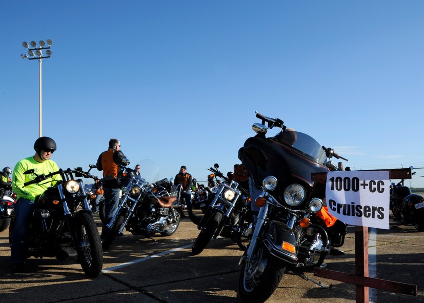 Motorcycle riders arrange themselves in groups specific to their bike during the annual Thunder on the Bayou safety event on Barksdale Air Force Base, La., April 4, 2014. To prevent unnecessary mishaps, motorcycles are categorized by engine size, type of bike and experience level to allow each group the most effective way to ride. (U.S. Air Force photo/Senior Airman Joseph A. Pagán Jr.)
