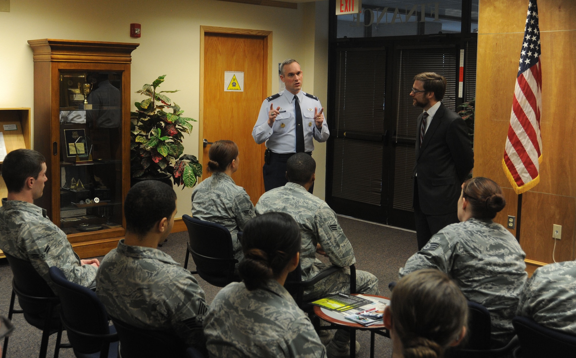Col. Brian Newberry provides input at the 92nd Comptroller Squadron squadron call held by the Honorable Dr. Jamie Morin at Fairchild Air Force Base, Wash., April 1, 2014.  The 92nd CPTS is a subordinate component of Morin’s office at the Pentagon.  Morin is the Assistant Secretary of the Air Force, Financial Management and Comptroller, and Newberry is the 92nd Air Refueling Wing commander.  (U.S. Air Force photo by Airman 1st Class Sam Fogleman/Released)