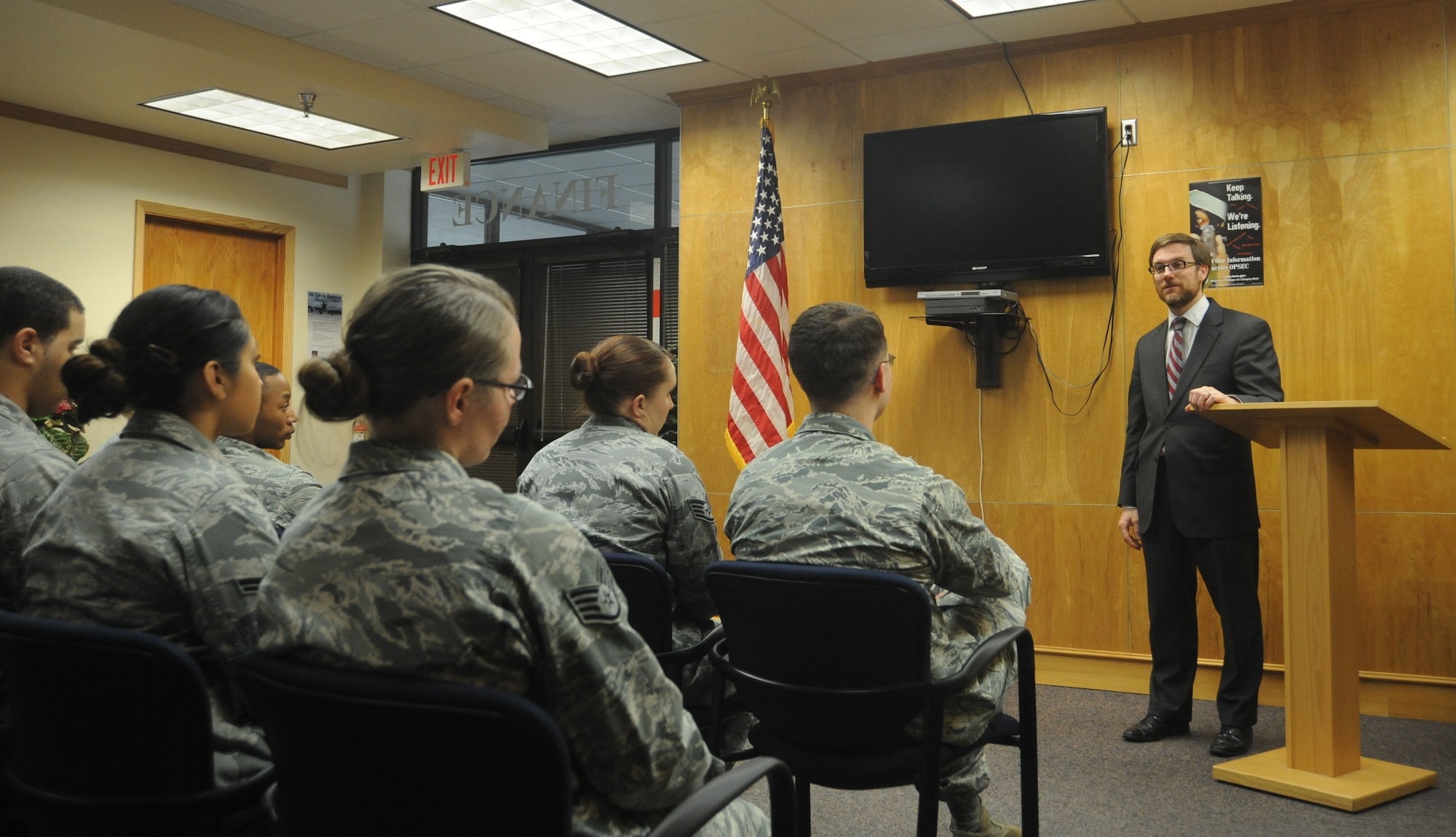 The Honorable Dr. Jamie Morin speaks to Airmen from the 92nd Comptroller Squadron at Fairchild Air Force Base, Wash., April 1, 2014.  Morin visited Fairchild to observe a new audit readiness program’s rollout.  Morin is the Assistant Secretary of the Air Force, Financial Management and Comptroller.  (U.S. Air Force photo by Airman 1st Class Sam Fogleman/Released)