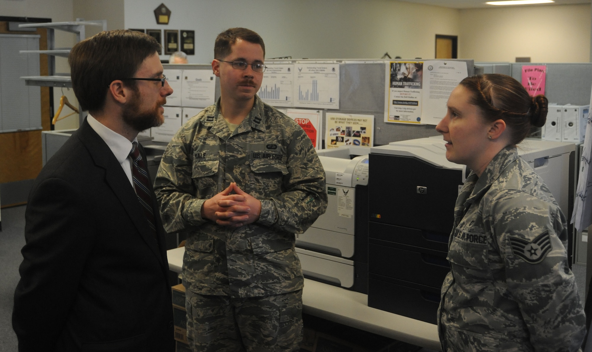 The Honorable Dr. Jamie Morin interacts with Capt. Kenneth Yale and Staff Sgt. Alisha Moore during a meet-and-greet at Fairchild Air Force Base, Wash., April 1, 2014.  Yale and Moore work in capacities directly subordinate to Morin’s office at the Pentagon.  Morin is the Assistant Secretary of the Air Force, Financial Management and Comptroller, and Yale and Moore are assigned to the 92nd Comptroller Squadron.  (U.S. Air Force photo by Airman 1st Class Sam Fogleman/Released)