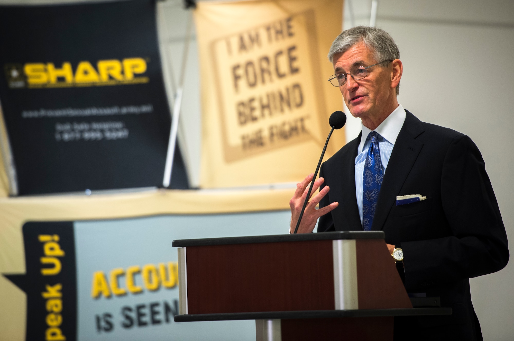 Secretary of the Army John M. McHugh speaks at a Pentagon ceremony marking the start of Sexual Assault Awareness Month, observed in April. The secretary's call to action is being heeded and the message is getting out. Victims are feeling more confident and are reporting these crimes and when they do, they feel they will be taken seriously and that their commanders will follow up and act, McHugh said. (U.S. Army photo by Spc. John G. Martinez/Released)