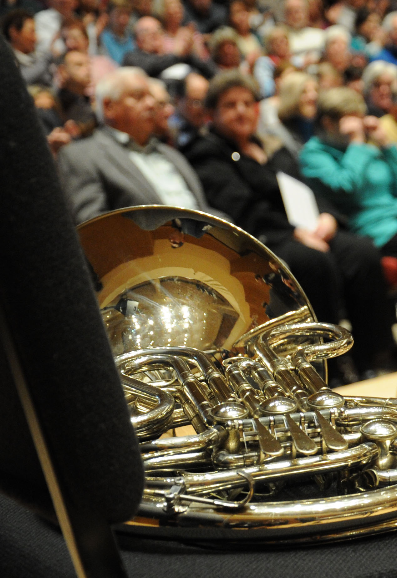 A french horn rests ready for the U.S. Air Force Band performance to begin at Northwestern University in Evanston, Ill., April 6, 2014. The bandsmen are currently touring three Midwestern states as part of their 2014 Spring Tour, which is featuring two destination-themed programs including opera and Broadway vocals. (U.S. Air Force photo/Master Sgt. Tammie Moore)
