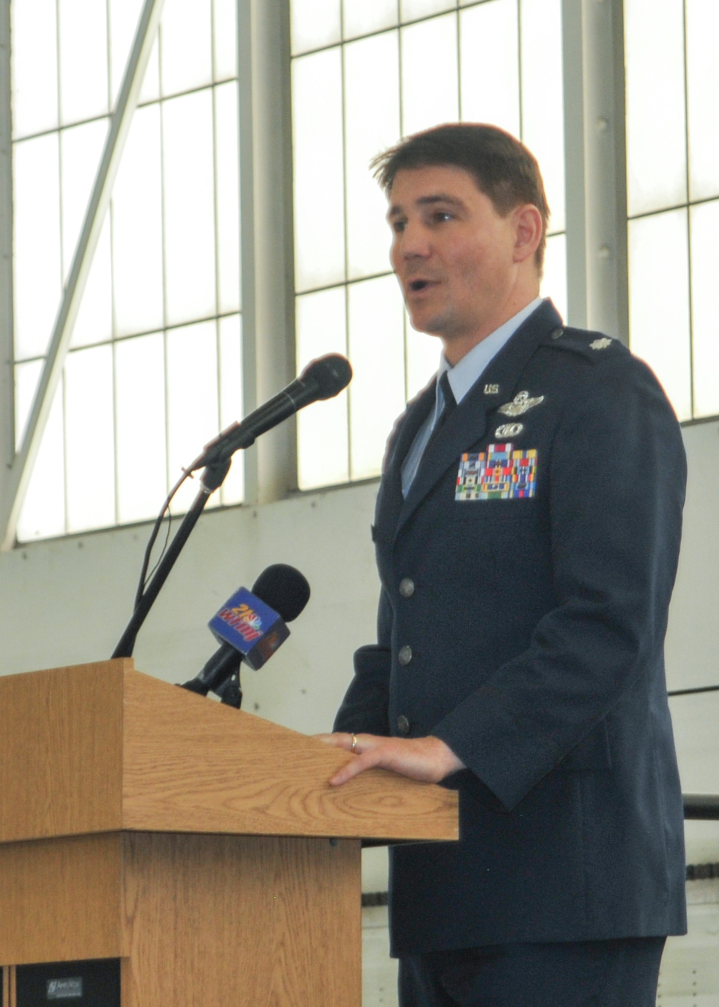 Lt. Col. John Boccieri, commander of the 773rd Airlift Squadron addresses the audience during a deactivation ceremony for the 773rd Airlift Squadron here, April 6, 2014. The squadron, which was activated as a unit of the 910th Airlift Wing in 1995, was officially deactivated on March 31. The deactivation resulted from Air Force structure changes that reduced the 910th’s C-130 aircraft fleet to eight Primary Assigned Aircraft and on Back-up Inventory Aircraft. U.S. Air Force photo/Tech. Sgt. Rick Lisum.