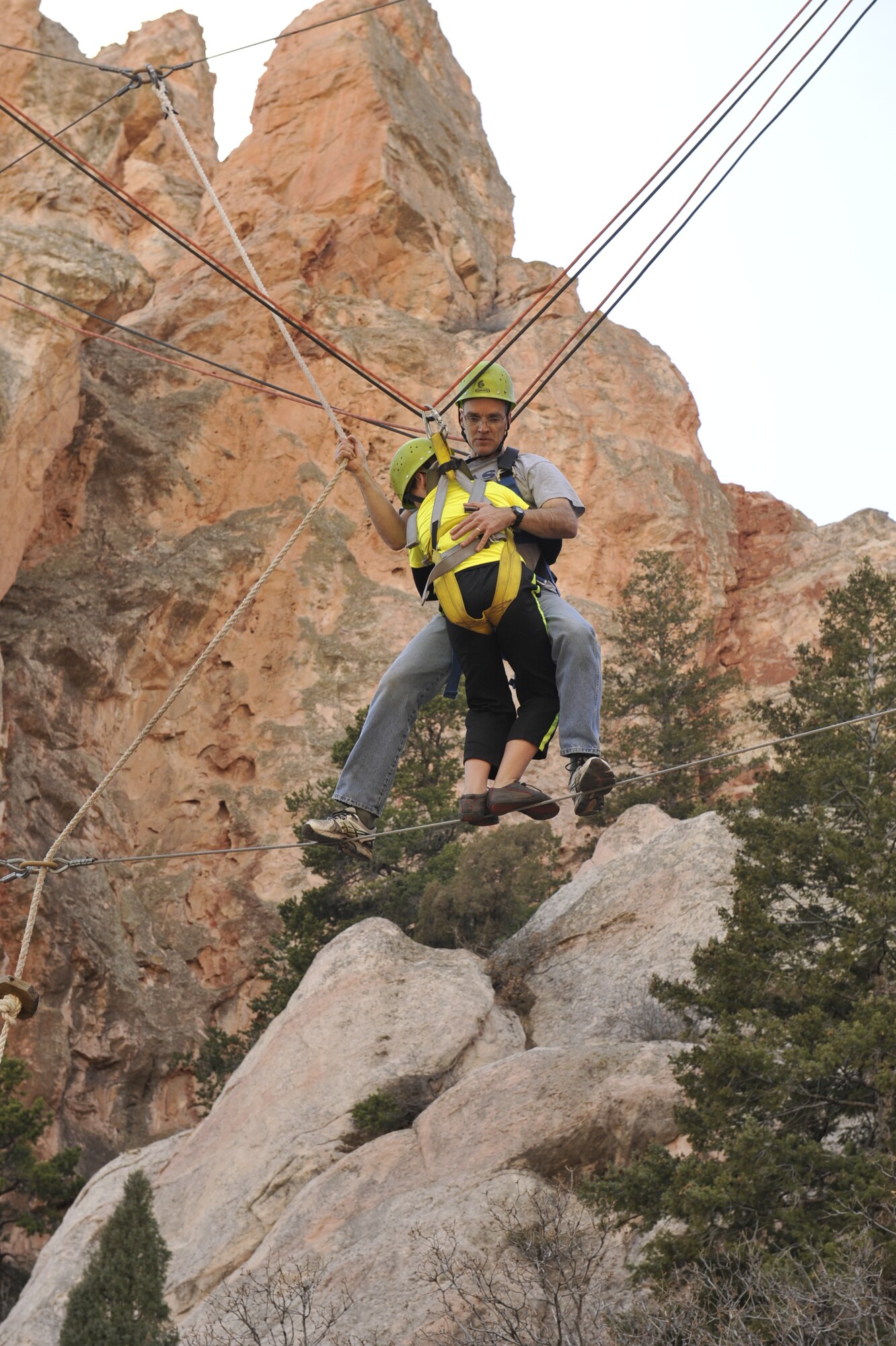 COLORADO SPRINGS, Colo. – Chaplain (Maj.) Daniel Forman, and his son Samuel use communication to complete one of two ropes course events at a rebound retreat sponsored by the Peterson Air Force Base Chapel at Glen Eyrie March 28. The retreat focused on communication and conflict resolution. (U.S. Air Force photo/Philip Carter)