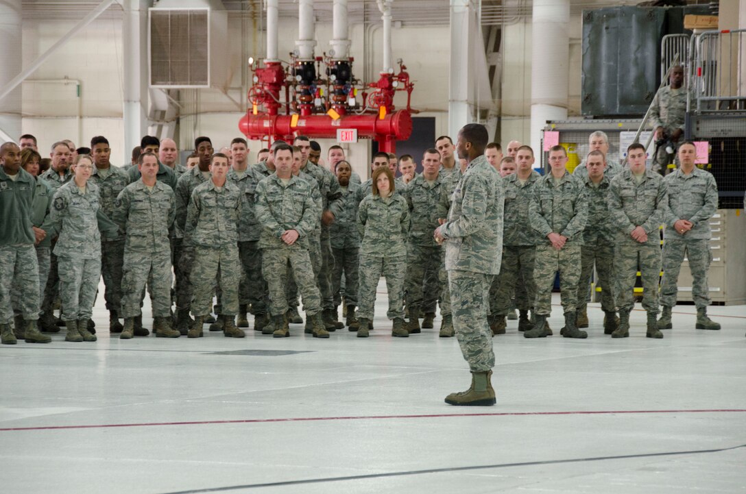 Lt. Gen. Darren McDew, 18th Air Force Commander, addresses Airmen of the 126th Air Refueling Wing, Scott Air Force Base, Ill., during a visit March 1, 2014. Lt. Gen. McDew toured the Illinois Air National Guard facilities and spoke of the value of continually evaluating and improving processes. (Air National Guard Photo by Senior Airman Laura Muehl)