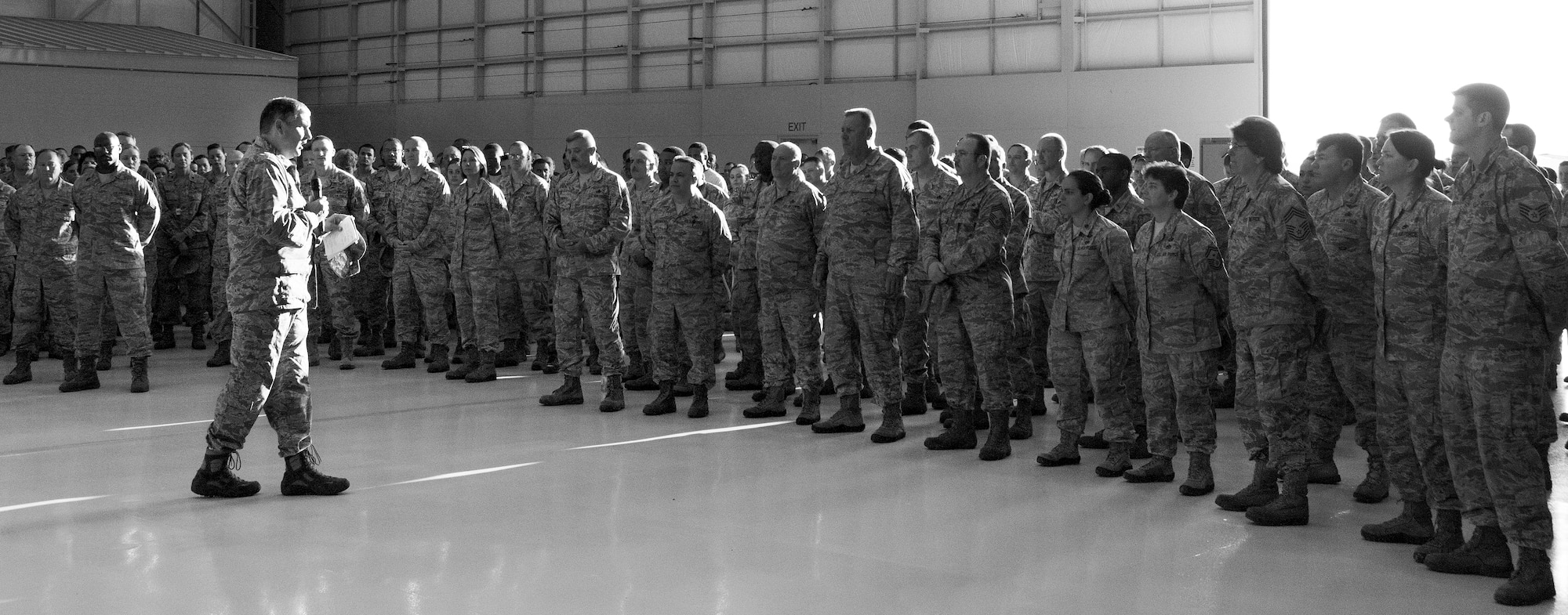Col. James M. Phillips, commander of the 919th Special Operations Wing, speaks to his wing during the wingman kick-off April 4, at Duke Field Fla.  Afterward, Duke Airman participated in group discussions that covered topics such as mental, physical, and spiritual health.  (U.S. Air Force photo by Tech. Sgt. Jasmin Taylor)