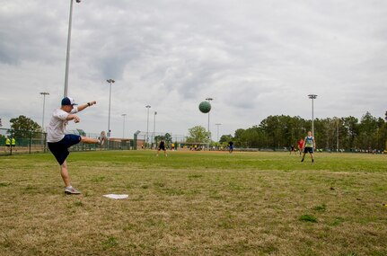 A servicemember tries to get on base during the Sexual Assault Prevention and Response program kickball tournament April 5, 2014, at Locklear Park on Joint Base Charleston – Weapons Station, S.C.  More than 30 teams participated in the kickball tournament which was part of Sexual Assault Awareness Month and provided servicemembers the opportunity to support the Sexual Assault Prevention and Response program. Strictly Business beat 36 other teams to become the third annual kickball tournament champions. (U.S. Navy photo/Petty Officer 3rd Class Jason Pastrick)