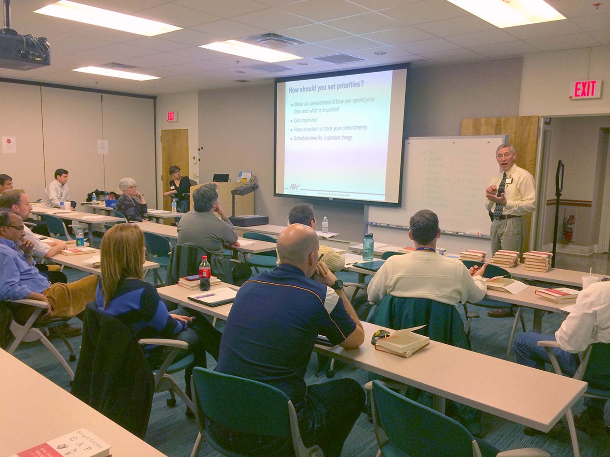 Aerospace Testing Alliance (ATA) Deputy General Manager Phil Stich recently spoke to the Integrated Test and Evaluation Department's Encouraging Ambition and Generating Leadership Excellence (Eagle) program group about juggling priorities. EAGLE is a career development group consisting of 22 participants selected by IT&E management and focuses on further developing leadership skills for engineers who have already exhibited leadership potential. (Photo by Laurie Winton)