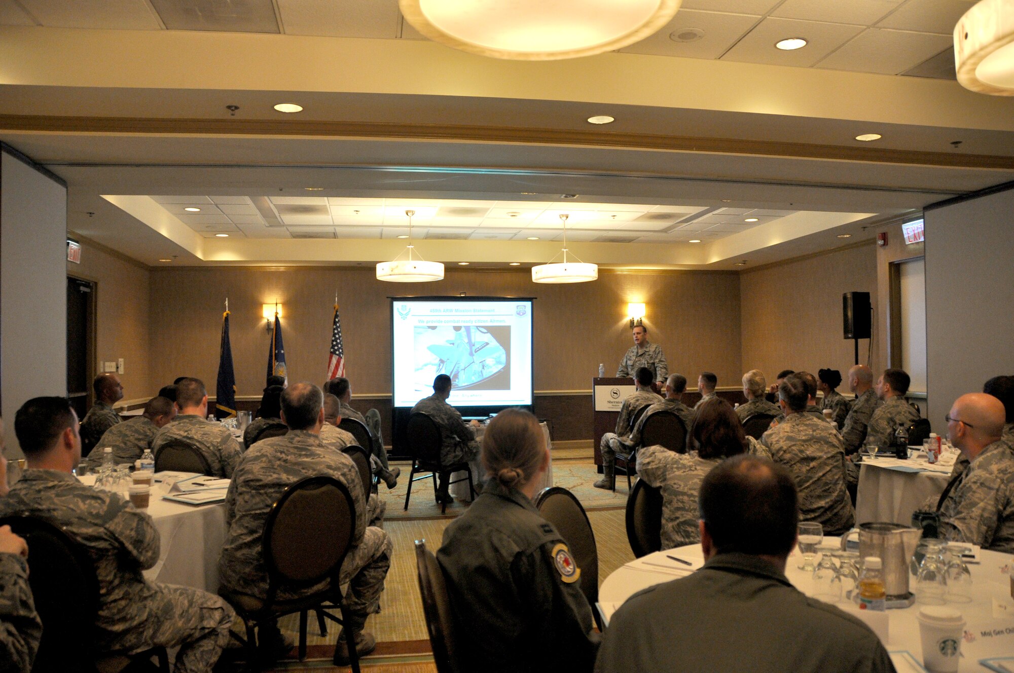 Air Force Col. William Mason, commander, 459th Air Refueling Wing, speaks to a group of young officers during the Reserve Officer Development Education course, at the Sheridan Suites Hotel, Alexandria, Va., April 4, 2014. RODE is a four-day long course geared toward teaching young officers the importance of leadership and professional development. (U.S. Air Force photo/ Staff Sgt. Katie Spencer) 