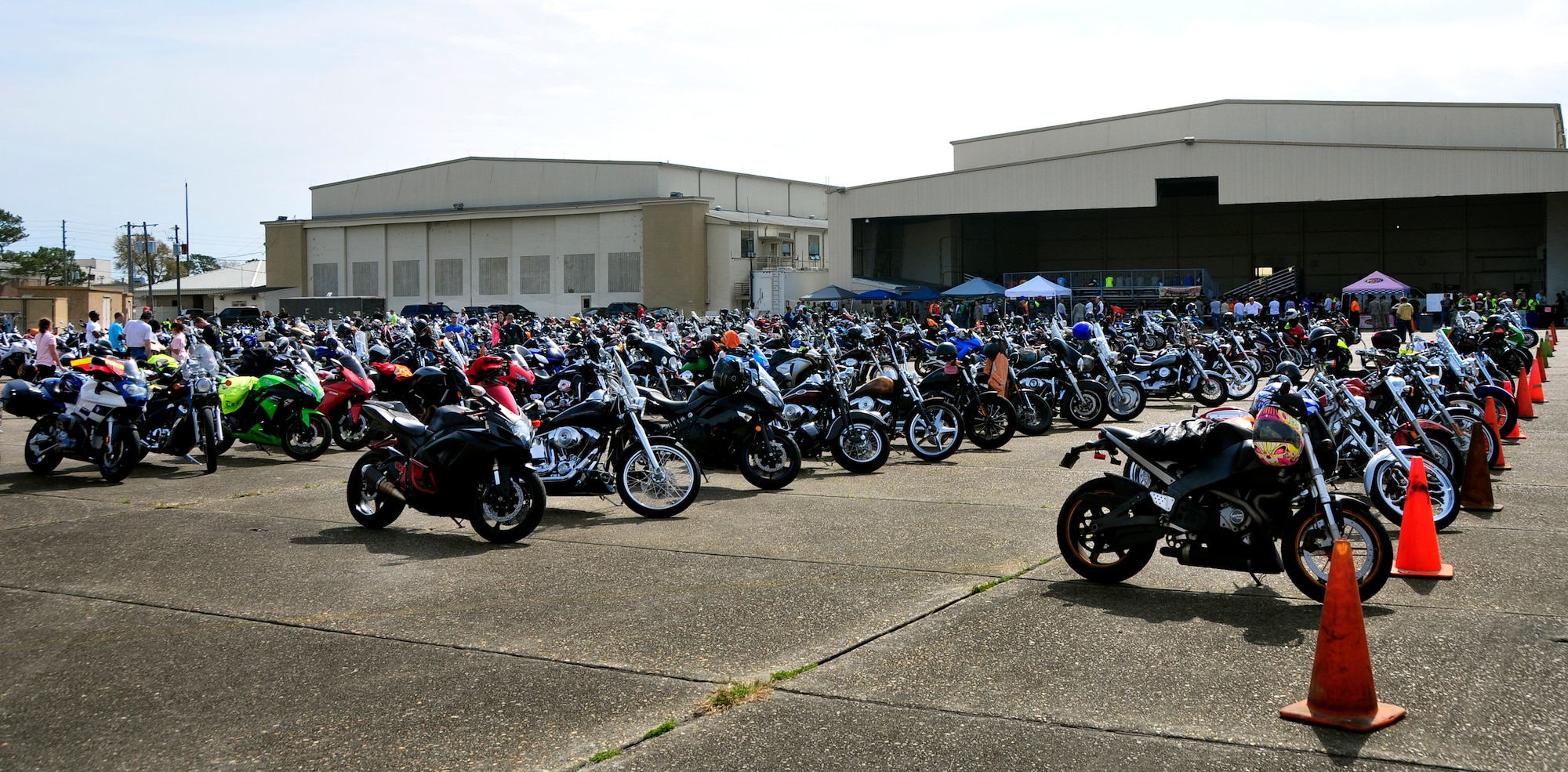 More than 450 bikes were parked outside of the Climatic Lab April 4 as their riders attended the seventh annual motorcycle safety rally at Eglin Air Force Base, Fla.  The attendees heard briefings on motorcycle law, safety regulations and tips on how to be more informed and aware rider.  (U.S. Air Force photo/Tech. Sgt. Cheryl Foster)