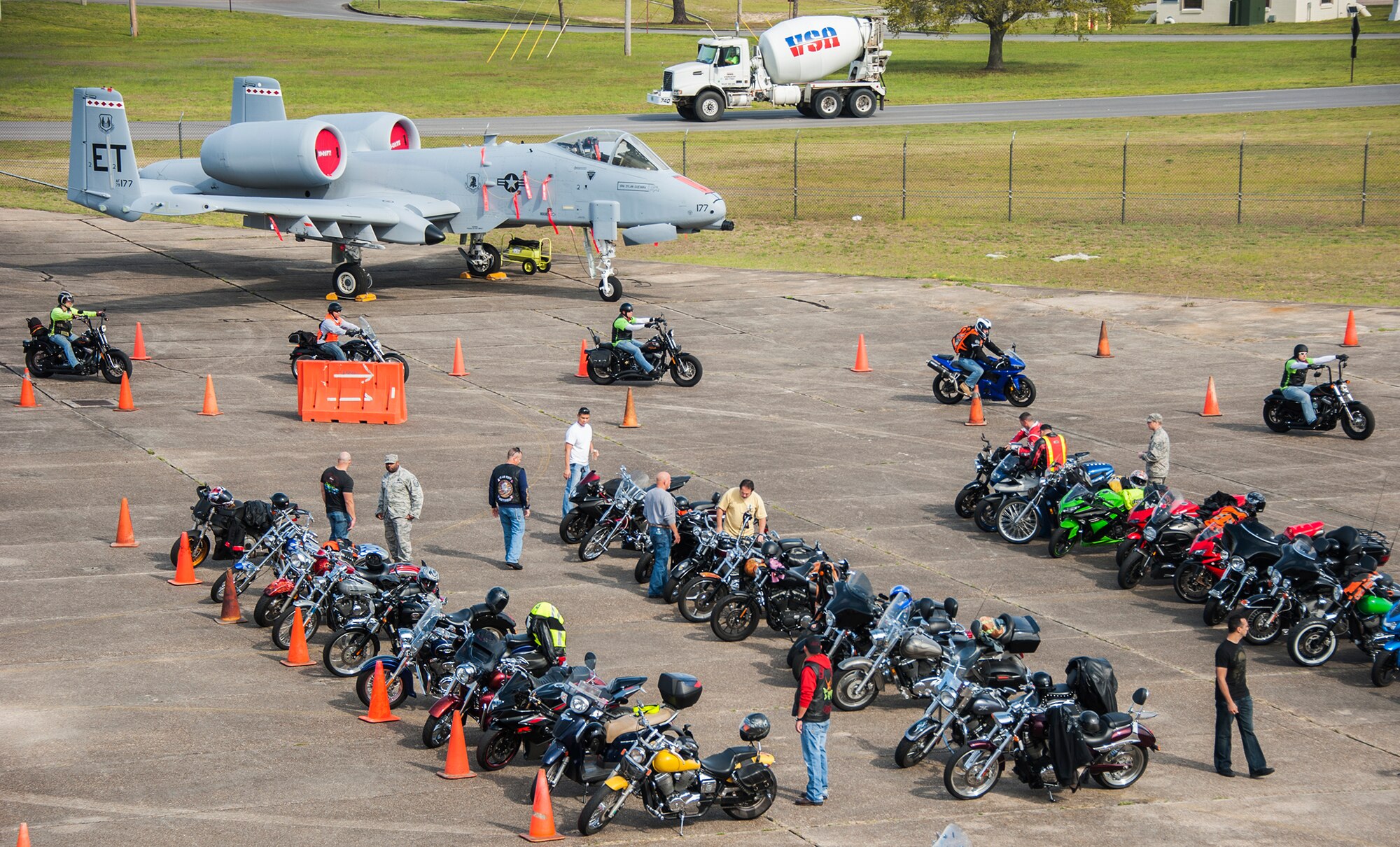 A group of riders arrive at the seventh annual motorcycle safety rally April 4, at Eglin Air Force Base, Fla.  More than 450 bikers attended to hear briefings on motorcycle law, safety regulations and tips on how to be more informed and aware rider.  (U.S. Air Force photo/Sara Vidoni)
