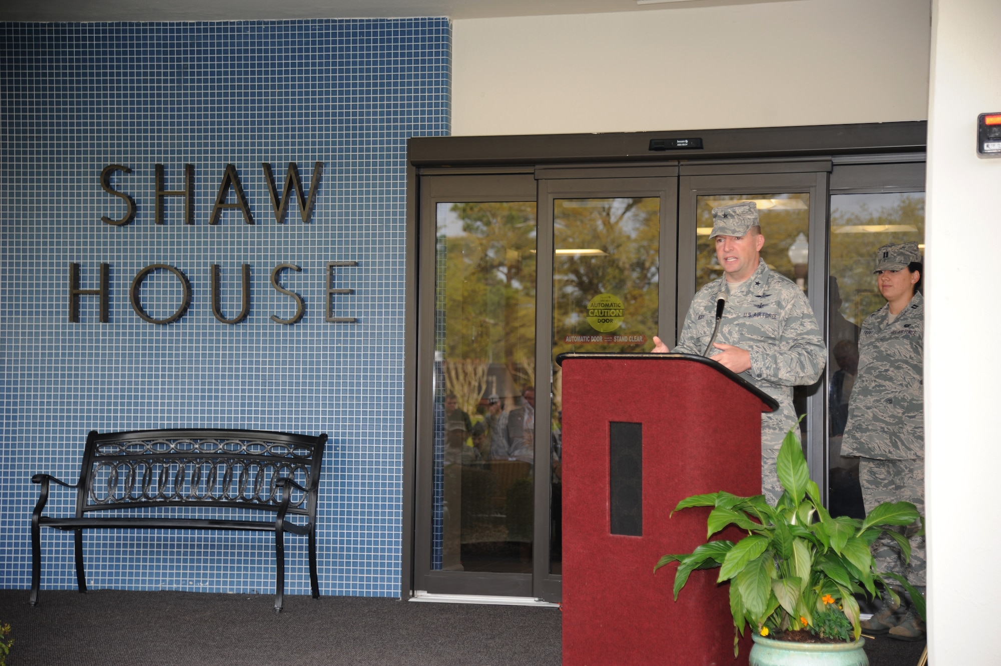 Brig. Gen. Patrick Higby, 81st Training Wing commander, delivers remarks during the Shaw House ribbon cutting ceremony April 3, 2014, at Keesler Air Force Base, Miss.  The Shaw House facility, named after Capt. William Stevenson Shaw, was originally constructed in 1966 and last renovated in 2013.  (U.S. Air Force photo by Kemberly Groue)