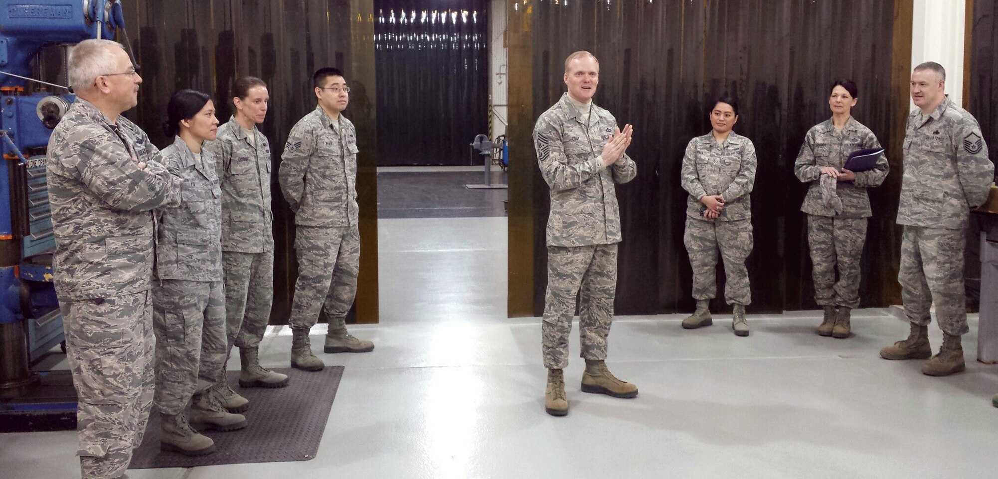 WRIGHT-PATTERSON AIR FORCE BASE, Ohio - Chief Master Sgt. of the Air Force James A. Cody speaks to 445th Airlift Wing Airmen during his visit to Wright-Patterson Air Force Base March 21. While at the wing, he was given a tour of the 445th Maintenance Squadron Fabrication Flight and spoke about the various changes he’s seen in the Air Force since he’s been in the military. (U.S. Air Force photo/Lt. Col. Cynthia Harris)