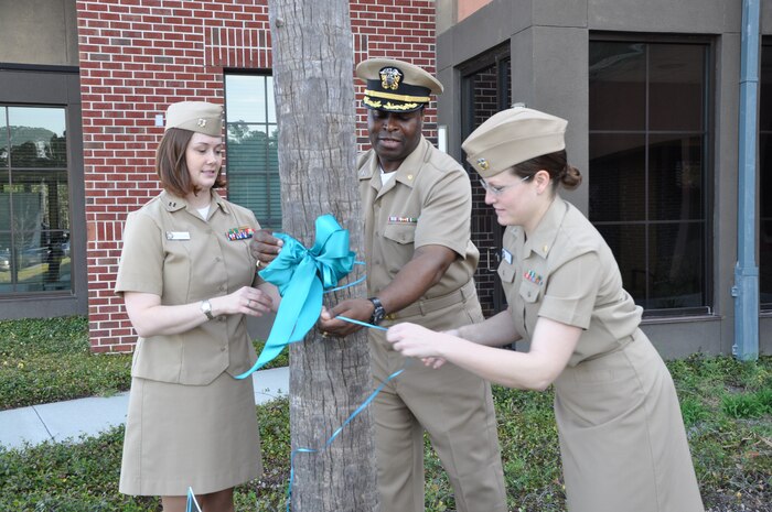 Capt. Marvin Jones, Naval Health Clinic Charleston commanding officer, Lt. Nikki Pritchard, NHCC Sexual Assault Prevention and Response Point of Contact (left), and Lt. Erin Curtis, alternate SAPR POC, tie a teal ribbon on a tree in front of the NHCC, April 4, 2014, in recognition of Sexual Assault Awareness Month. Throughout April, NHCC staff members commit themselves to raising awareness and promoting the prevention of sexual violence through public education and special events. (U.S. Navy photo/Kris Patterson)