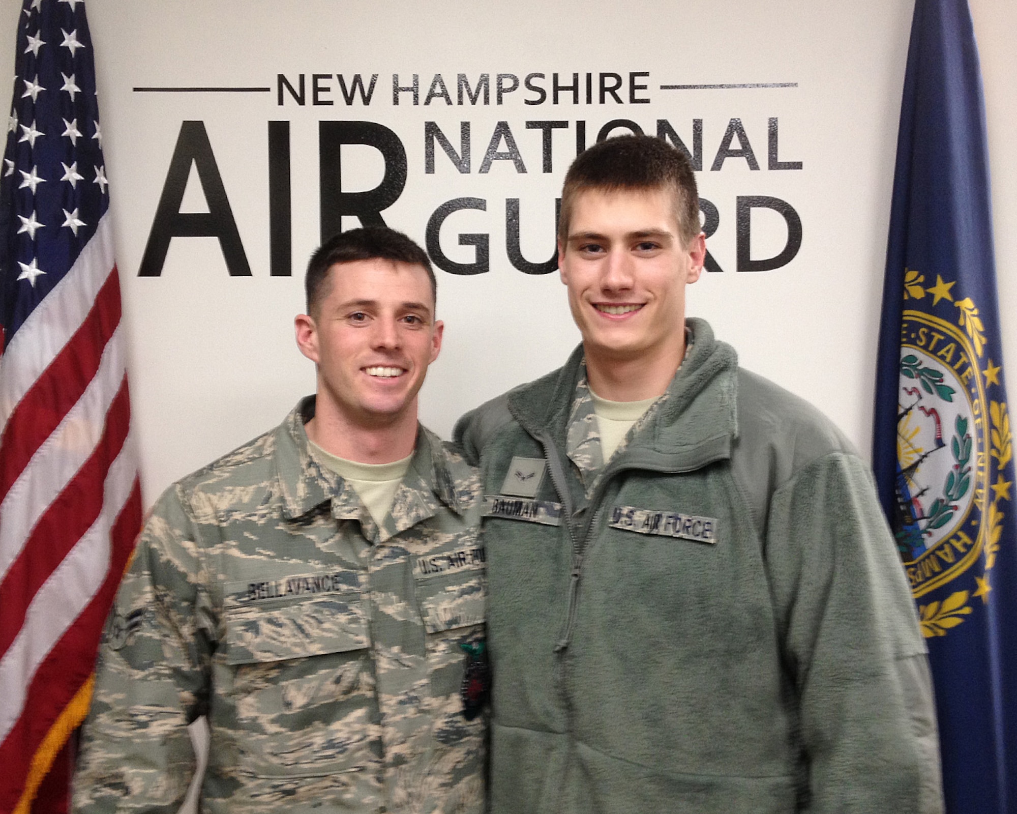 PEASE AIR NATONAL GUARD BASE, N.H. -- Airman 1st Class Colin Bellavance, left, and Airman 1st Class Alan Bauman went through basic training during the Boston Marathon bombing, where Bauman’s brother Jeff was seriously injured. Both airmen were inspired by the way Air Force leadership handled the family hardship. (Courtesy Photo/RELEASED)