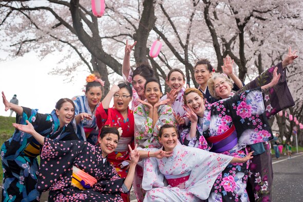 Yokota Air Base’s Tanabata Dancers pose for a group photo after the Fussa Sakura Festival in Fussa City, Japan, April 6, 2014. In Japan, communities celebrate the arrival of the spring with festivals featuring the nation’s signature cherry blossoms. Around Yokota, Airmen and their families regularly take part in such traditional spring-time celebrations. (U.S. Air Force photo by Capt. Raymond Geoffroy)