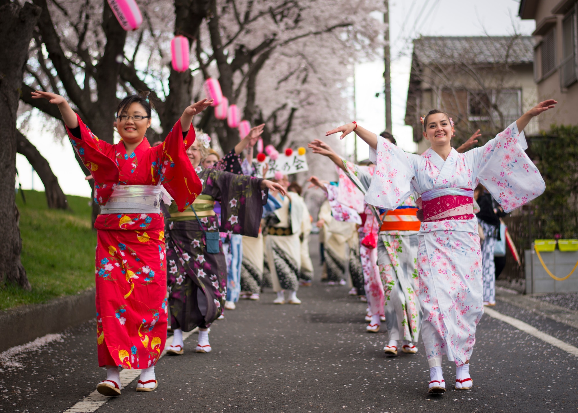 Yokota Air Base’s Tanabata Dancers perform a dance in a traditional Japanese Yukata outfit during the Fussa Sakura Festival in Fussa City, Japan, April 6, 2014. The dancers perform at local festivals in order to promote goodwill and cultural exchange between the U.S. and Japan. (U.S. Air Force photo by Capt. Raymond Geoffroy)