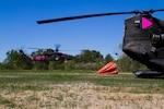 A California Army National Guard UH-60 Black Hawk helicopter from Company F, 2-135th General Support Aviation Battalion, sets down at a landing zone at the California Department of Forestry and Fire Protection (Cal Fire) annual joint fire training at the Cal Fire Academy in Ione, Calif., April 5, 2014. The California Guard trained with Cal Fire and other civilian agencies at Ione in preparation for the highly anticipated upcoming fire season. 