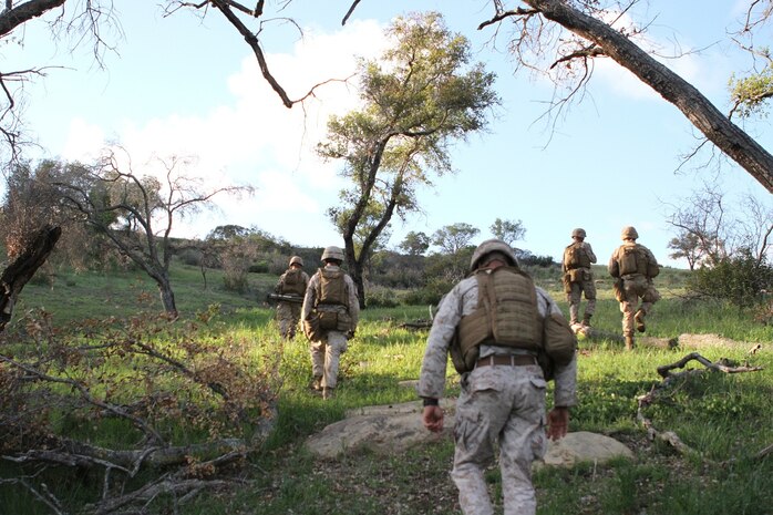 Marines with, Fox Company, 2nd Battalion, 4th Marine Regiment, maneuver around enemy positions, during a squad and fire team maneuver exercise aboard Marine Corps Base Camp Pendleton, April 2, 2014. The exercise allowed Marines from the company to re-familiarize themselves with their weapon systems as well as 60 mm mortars, M240 B machine guns, Light Anti-tank Weapon (LAW) and while practicing squad and fire team tactics.

