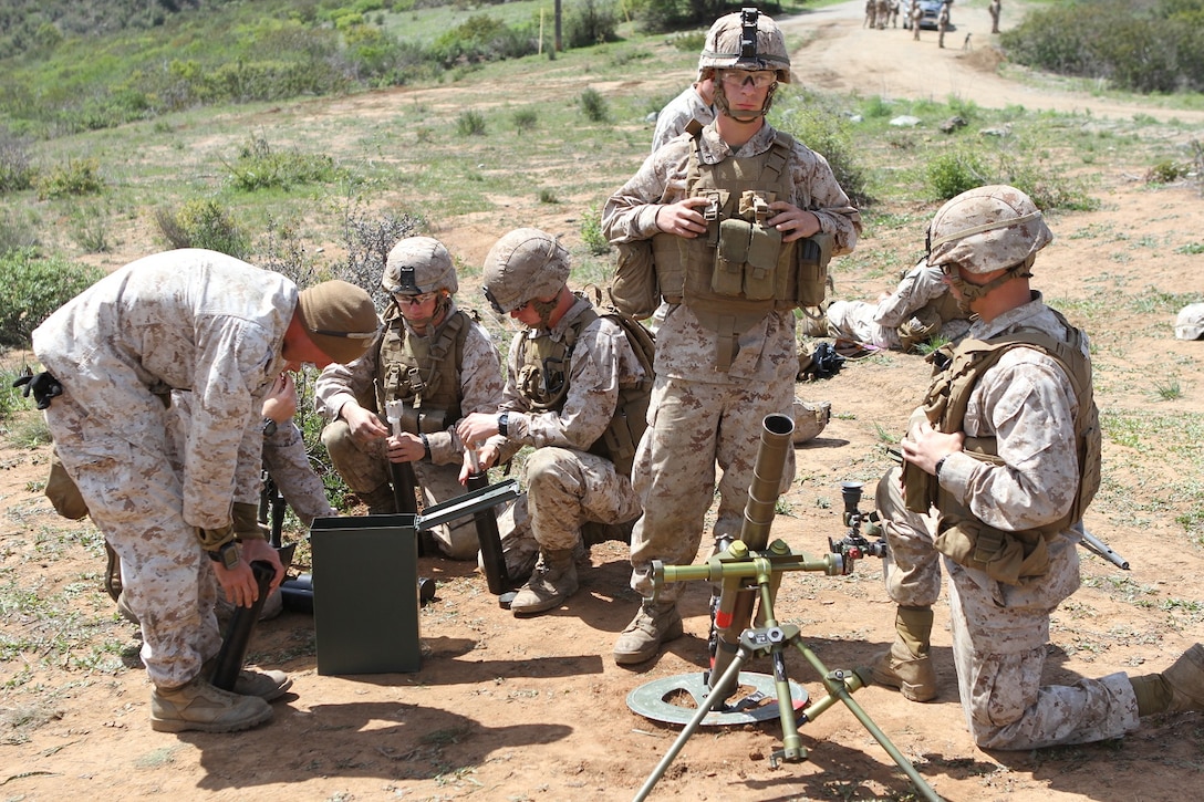 Mortarmen from Fox Company, 2nd Battalion, 4th Marine Regiment, prepare rounds for their next fire mission during a squad and fire team maneuver exercise aboard Marine Corps Base Camp Pendleton, April 2, 2014. The exercise allowed Marines from the company to re-familiarize themselves with their weapon systems as well as 60 mm mortars, M240 B machine guns, Light Anti-tank Weapon (LAW) and while practicing squad and fire team tactics.


