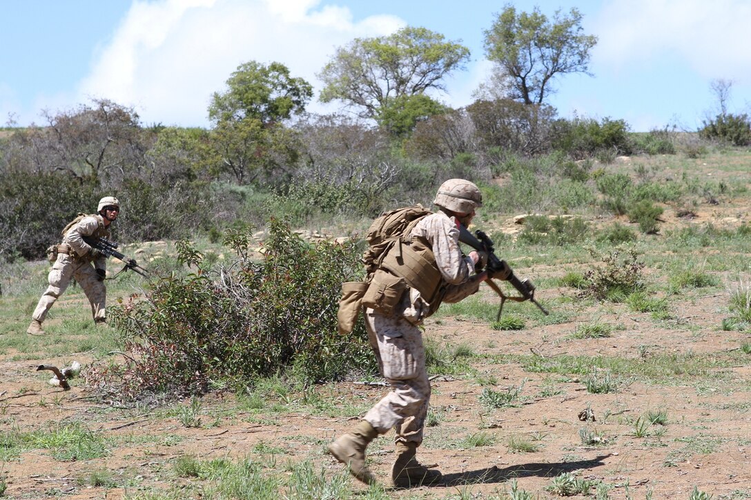 Riflemen with Fox Company, 2nd Battalion, 4th Marine Regiment, conduct buddy rushes during a squad and fire team maneuver exercise aboard Marine Corps Base Camp Pendleton, Calif., April 2, 2014. The exercise allowed Marines from the company to re-familiarize themselves with their weapon systems as well as 60 mm mortars, M240 B machine guns, Light Anti-tank Weapons (LAW) while practicing squad and fire team tactics.

